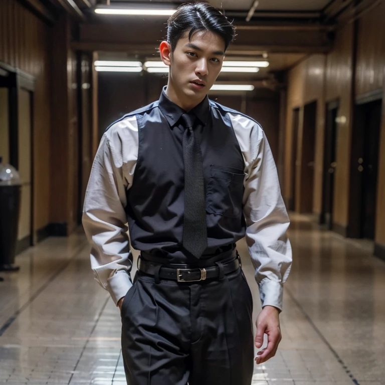 1 handsome Asian guy，27岁policeman，arafed male police 官 in  walking down a hallway, , wearing a police ,  police ,  full outfit: police, , majestic，Who is Shi Yu?, Li Yuanbin, Kim Hyung Tae, Kim Hyung Tae, Yin Shishan, Handsome Asian muscular guy，Broad shoulders and narrow waist，A handsome guy in police uniform，Form-fitting fabric contours the chest，in a remote warehouse，hands tied behind back，Hands tied behind the back，hands tied behind back，Masculine and sexy，High，Muscles look good，hairy body，Wheat complexion，black eyes（thin eyes 1：3），whole body image