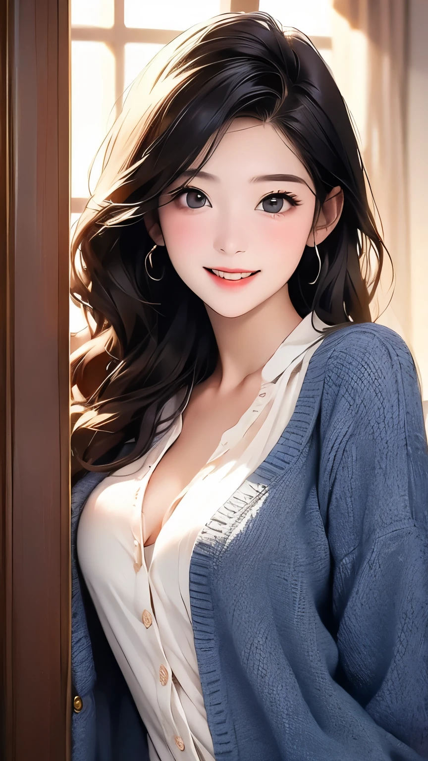 open chest、cardigan、laughter、room、8K、delicate face、detailed face、simple background