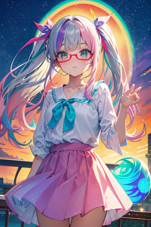 (rainbow colored hair, colorful hair, half silver、half pink hair: 1.2), ,long hair、(Cinematic digital artwork: 1.3), high quality, table top, Turquoise eyes、最high qualityの, Super detailed, figure, [4K digital art]!!、 Kyoto animation style, one woman, clavicleの美しさ, clavicle, light, want, blue sky, positive, Dead leaves dance、full moon、purple striped clothes、Green polka dot unset, motivation, shine, dynamic perspective、Blue glasses、Green ribbon、twin tails、embarrassed face、cute face、happy face