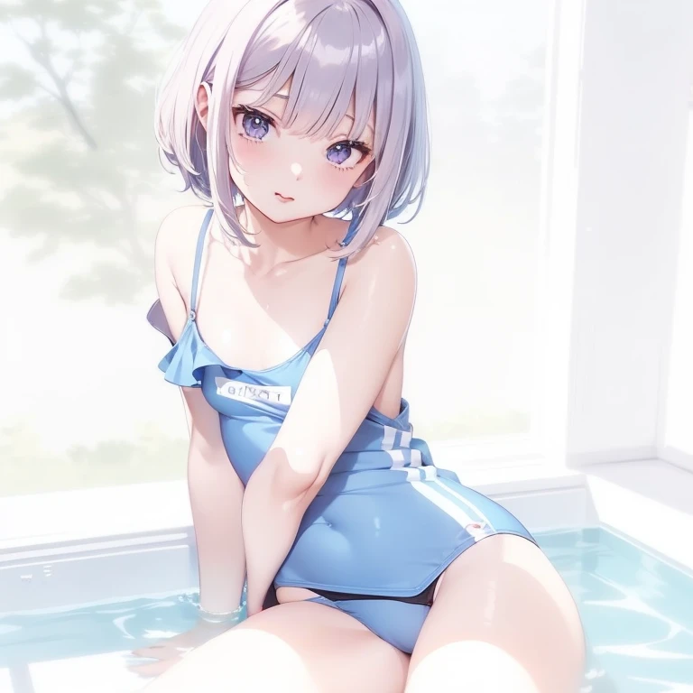 sunburn、school swimwear、pool、evening、nipple、crotch opening、sunburn跡、Natsu、black hairの、shortcut、young face、anime girl in navy color 水着 sitting on ledge in pool, Gweiz, school swimwear, is wearing a school swimwear, Smooth anime CG art, Created at Anime Artist Studio, seductive anime girl, artwork in the style of Gweiz, Ilya Kuvshinov. 4k, Drawn at Anime Painter Studio, anime moe art style、young face、shortcut、black hair、naughty anime style, bob cut,　((school swimwear)), one piece swimsuit, 屋外pool,, beautiful anime scene, beautiful anime scenery, highest quality, masterpiece