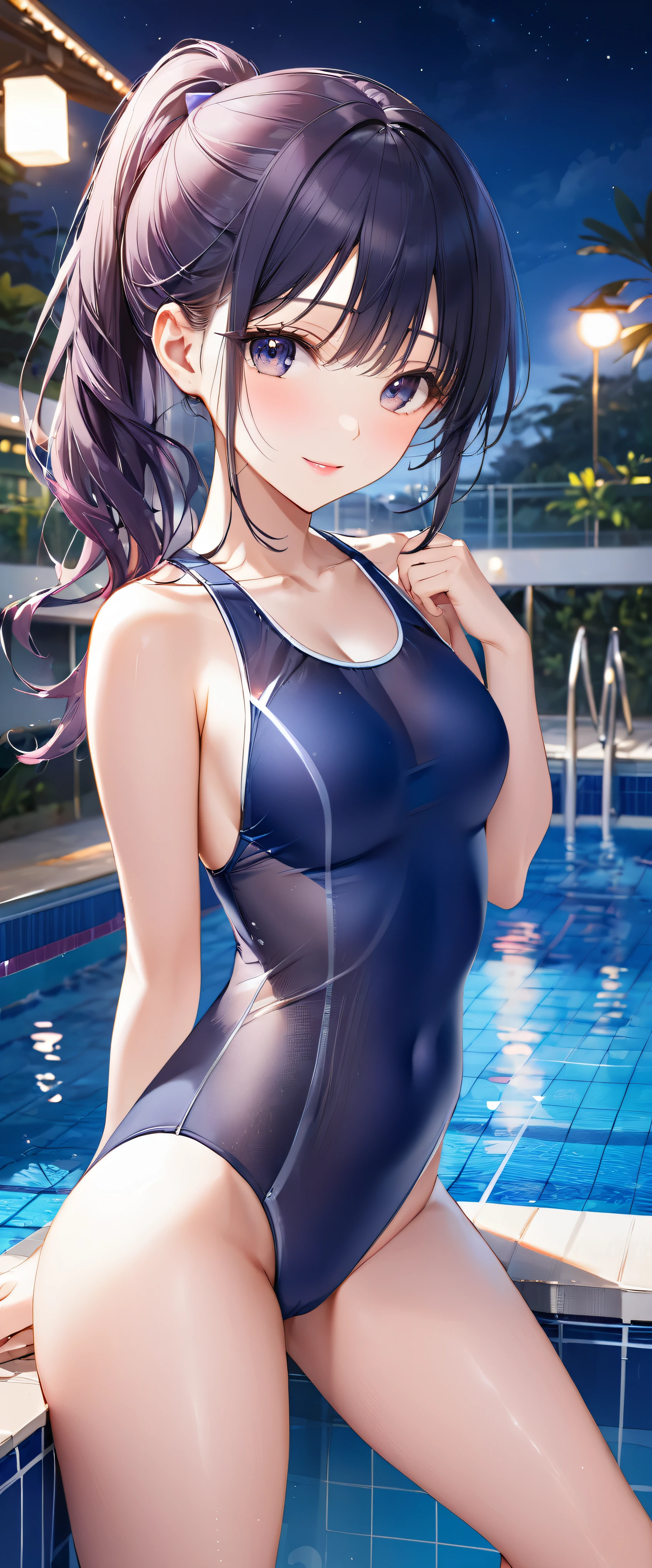 (masterpiece,highest quality,超A high resolution),japanese woman, (((Very beautiful 25 year old girl))), pretty girl、look at the photographer、 ((beautiful low ponytail)), super cute face, glossy lips, double eyelids in both eyes,natural smile、 natural makeup, long eyelashes, Shiny and smooth hair、center image, perfect limbs, perfect anatomy,(((navy blue school swimsuit))、pool,See-through,night