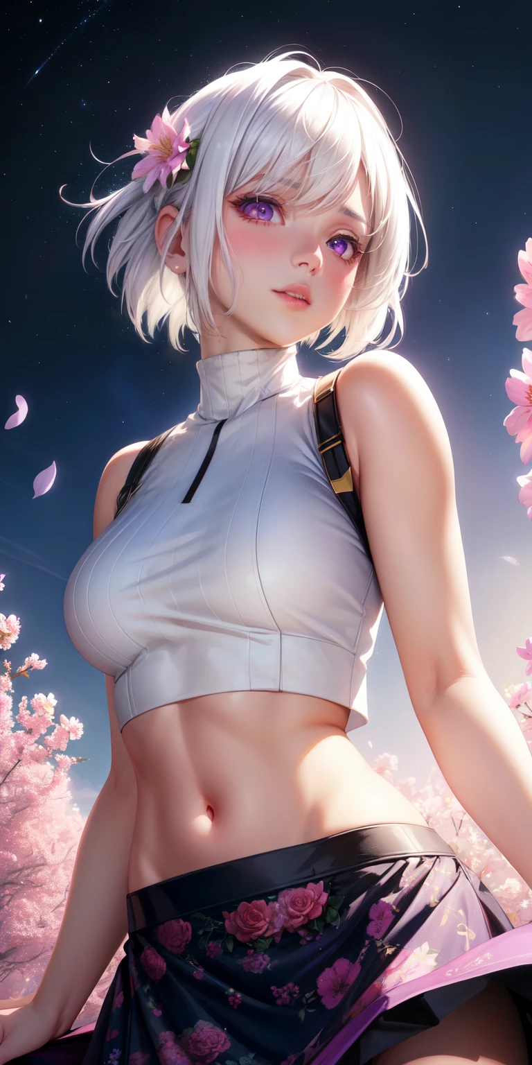 realistic, 1girl, white hair, purple eyes, glowing eyes, crop top, skirt, parted lips, blush, night, flowers, sun, sunlight,