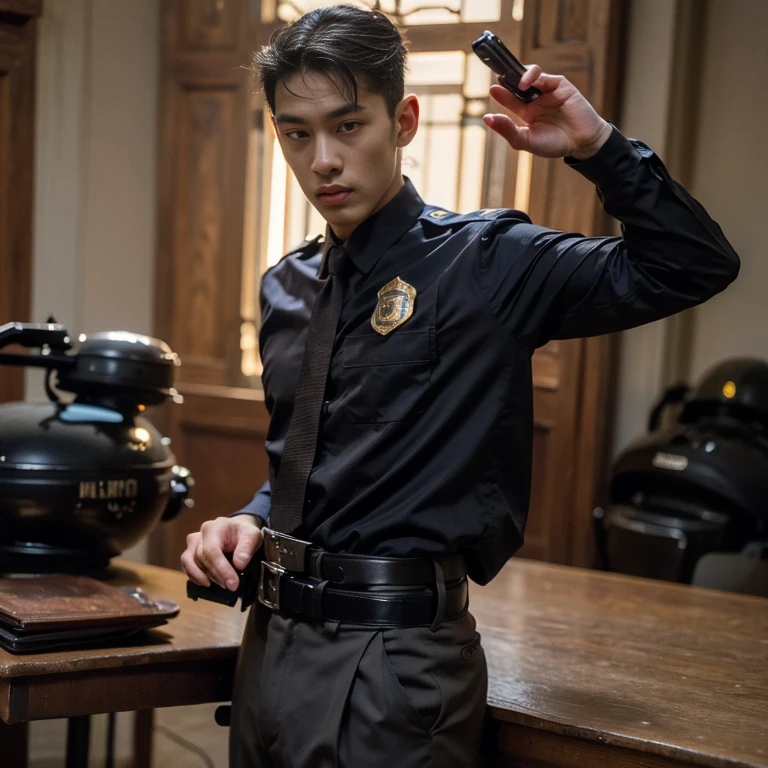 ung handsome guy,20-25 years old,police officers,Interpol,Police Department,With a gun,Handsome,musculous,Thin muscles,hairy bodies,Police uniform(Fine eye 1:3),Black eyes,full bodyesbian,full bodyesbian