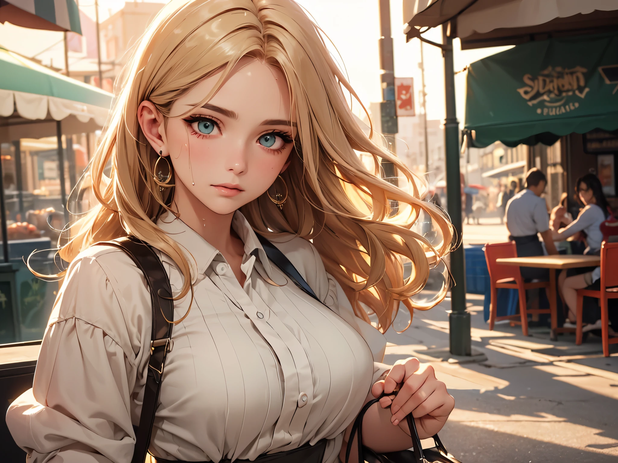 (high quality, High resolution, fine details), ((a woman)), morning time, alleys in the city, Open on both sides of different shops, The lively amusement park is far down the street, (Brightly colored suspender dress), The sun casts a warm glow, alone, mature women, At rest, Blonde beige super long hair, big curly hair, lake green eyes, Bright Eyes, Long eyelashes, Beautiful and delicate eyes, Ultra-detailed eyes, like real eyes, Perfect face, Super detailed facial details, Random expressions, Sweat, healthy skin, earrings, make up, Shallow depth of field, Soft high contrast side daylight, Dynamic lighting,