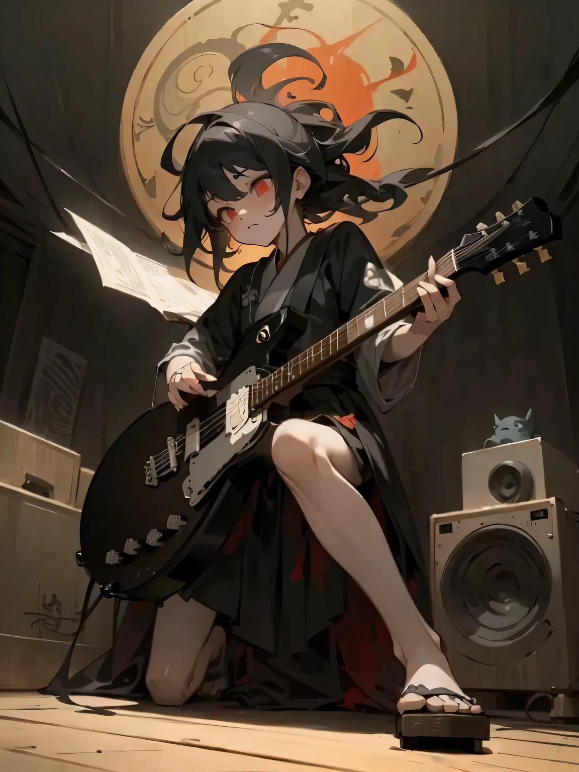 (masterpiece), (High resolution), (super delicate), (masterpiece: 1.2, highest quality), ((girl playing guitar)),(black and white kimono) , doll-like face, cartoon style, rough sketch, Comic style illustration, (Horror elements), Japanese painting, full body,(snap shot), (Creepy), Japanese carving,old picture scroll style, old staging, flat illustration messy hair、(Gradient hair color from black to red)、 unique atmosphere、Angle from below、(Telecaster、guitar)、Wearing geta、(realistic human structure),