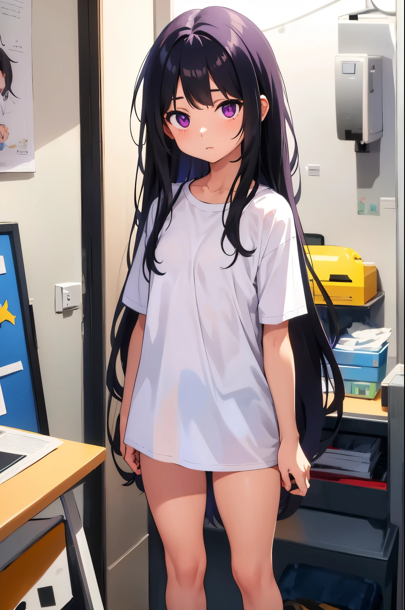 living　elementary school girl　8-year-old　flat chest　black hair　long hair　eyes are purple　（（1 person））　Baggy white T-shirt on the upper body　lower body white panties（（White panties are visible））　barefoot　standing in the room　I can see white panties　dynamic angle　Low angle from the front