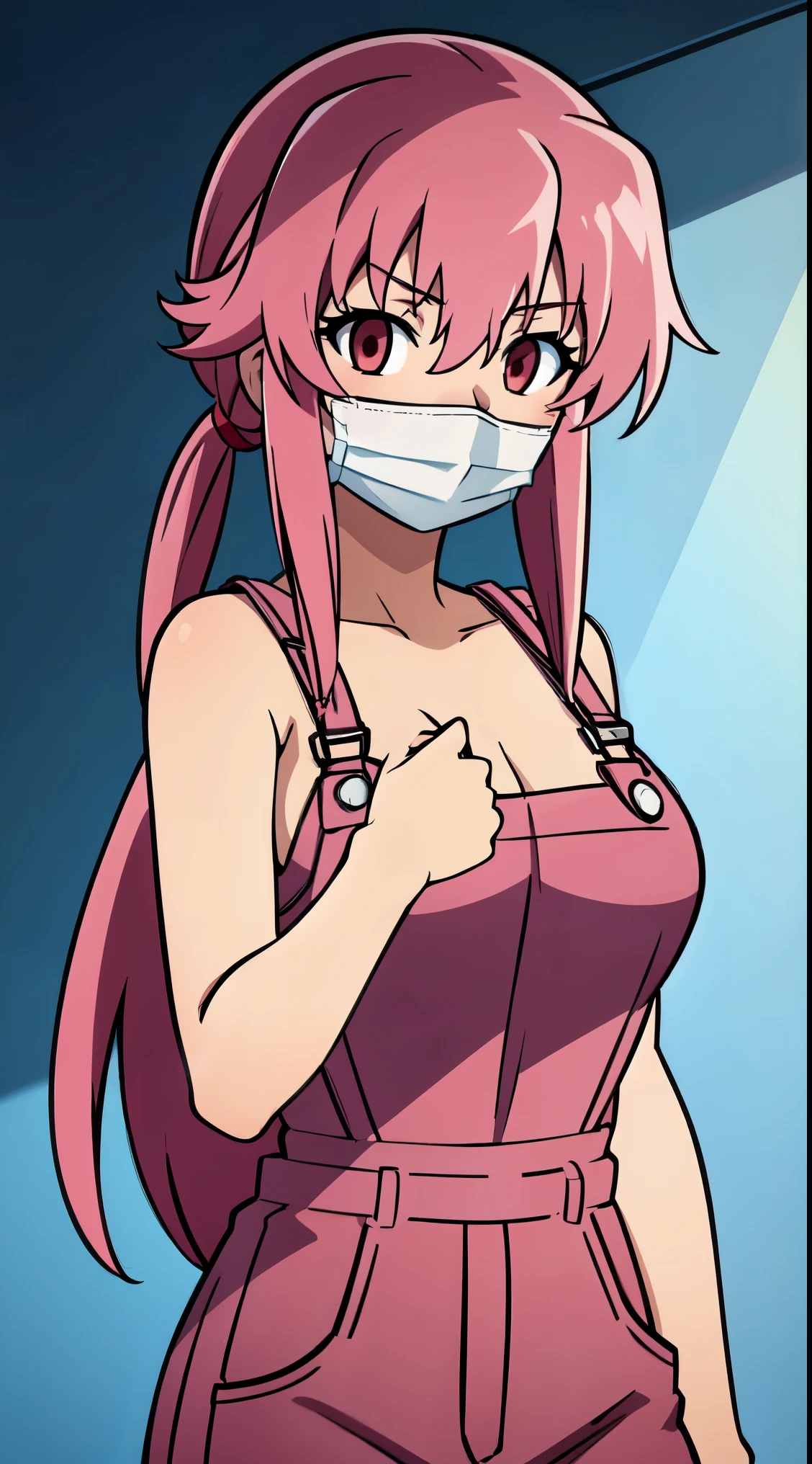 1girl, breasts, mouth_mask, blood, naked_overalls, solo, mask, overalls, pink_hair, large_breasts, long_hair, surgical_mask, cleavage, blood_on_hands, red_eyes, looking_at_viewer, cowboy_shot, blood_on_clothes, collarbone, blue_overalls, blood_on_face, skindentation, sidelocks, pink_eyes, hands_up, bangs, blood_splatter