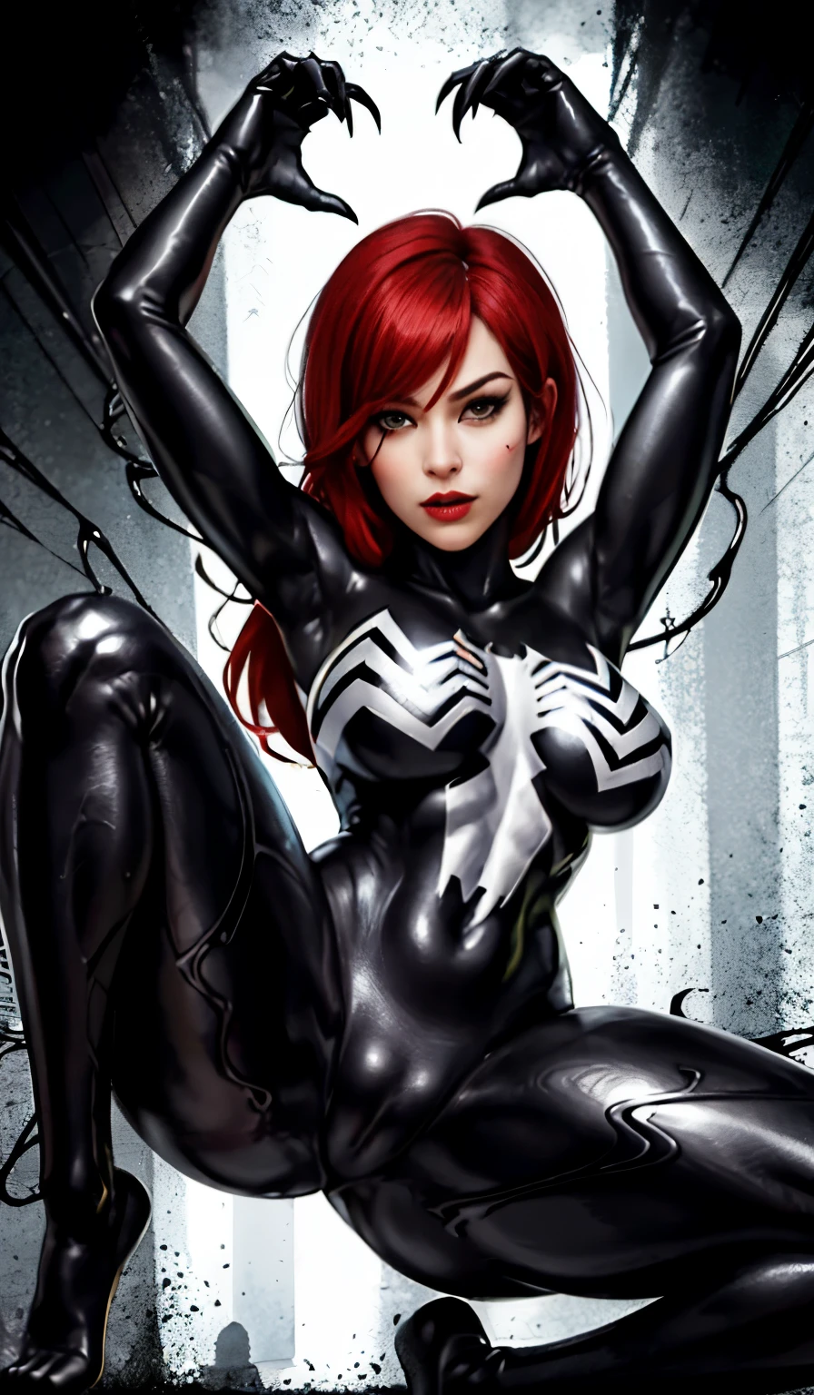 4K，realisticlying，Glamorous，The  very detailed，There  a girl in Dingcheng，Red hair，Wearing a black Spider-Man costume，（Black and white：1.4） the night,symbiote，venomize，a large amount of mucus,she  a spiderman，Black superhero theme，In front of the sky，Flushed complexion，( Open legs， camel-toe，， Vulvar shape：1.3）,(GGCameltoe:1.3)Legs apart，25 age old，full bodyesbian