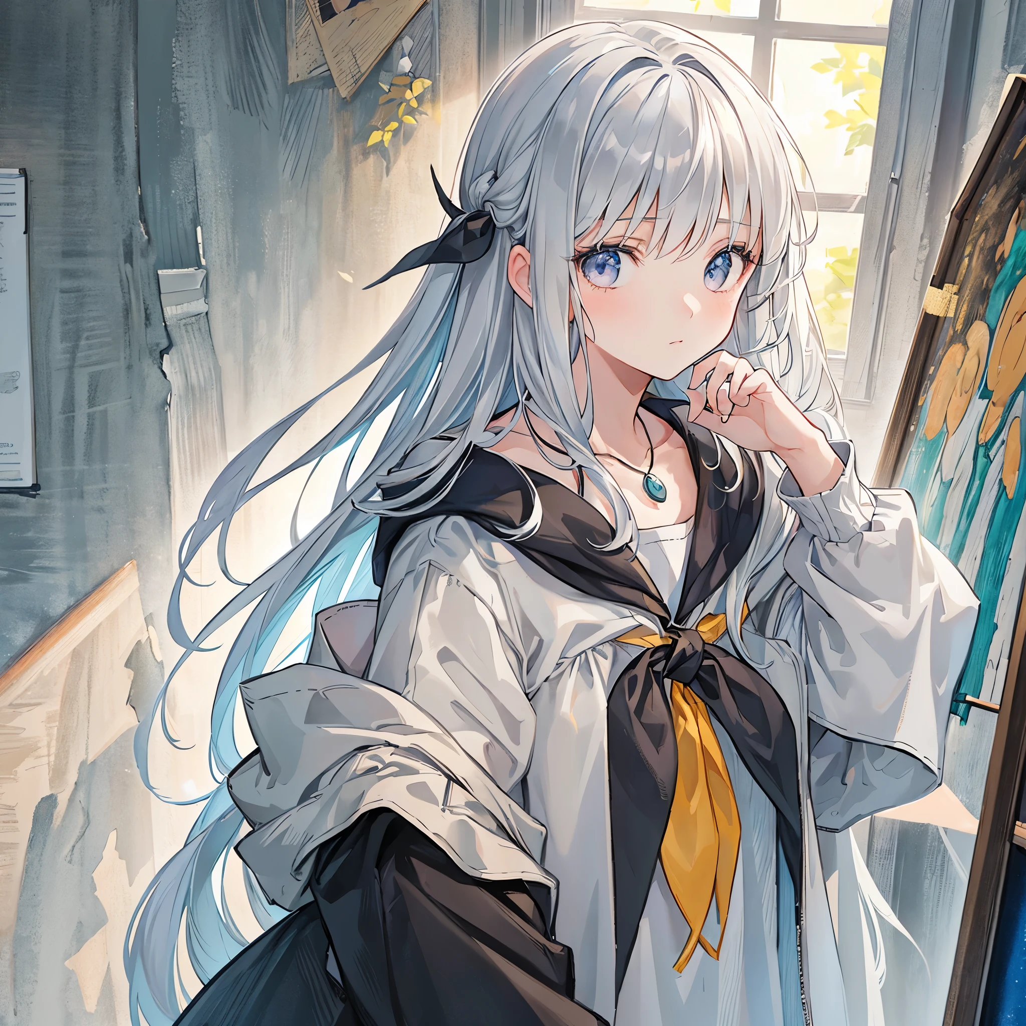 A girl with gray hair and silver eyes is depicted in the painting. Her hair is messy and falls over her shoulders. She is wearing an off-the-shoulder sweatshirt. The medium used for the artwork is ideal for creating ultra-detailed and realistic portraits. The image is of the best quality, with a resolution of 4k or higher, making it a masterpiece. The painting has a soft color palette, with warm lighting that adds to the aged appearance. The overall color scheme is dominated by shades of gray. The girl's eyes are vibrant and captivating. She has freckles on her face and long flowing strands of hair. She wears a neckerchief, adding to her wise expression. The atmosphere of the painting is mysterious,She wears a necklace with a green rectangular stone, with a storytelling aura. The artwork is rich in details, resembling a detailed painting.