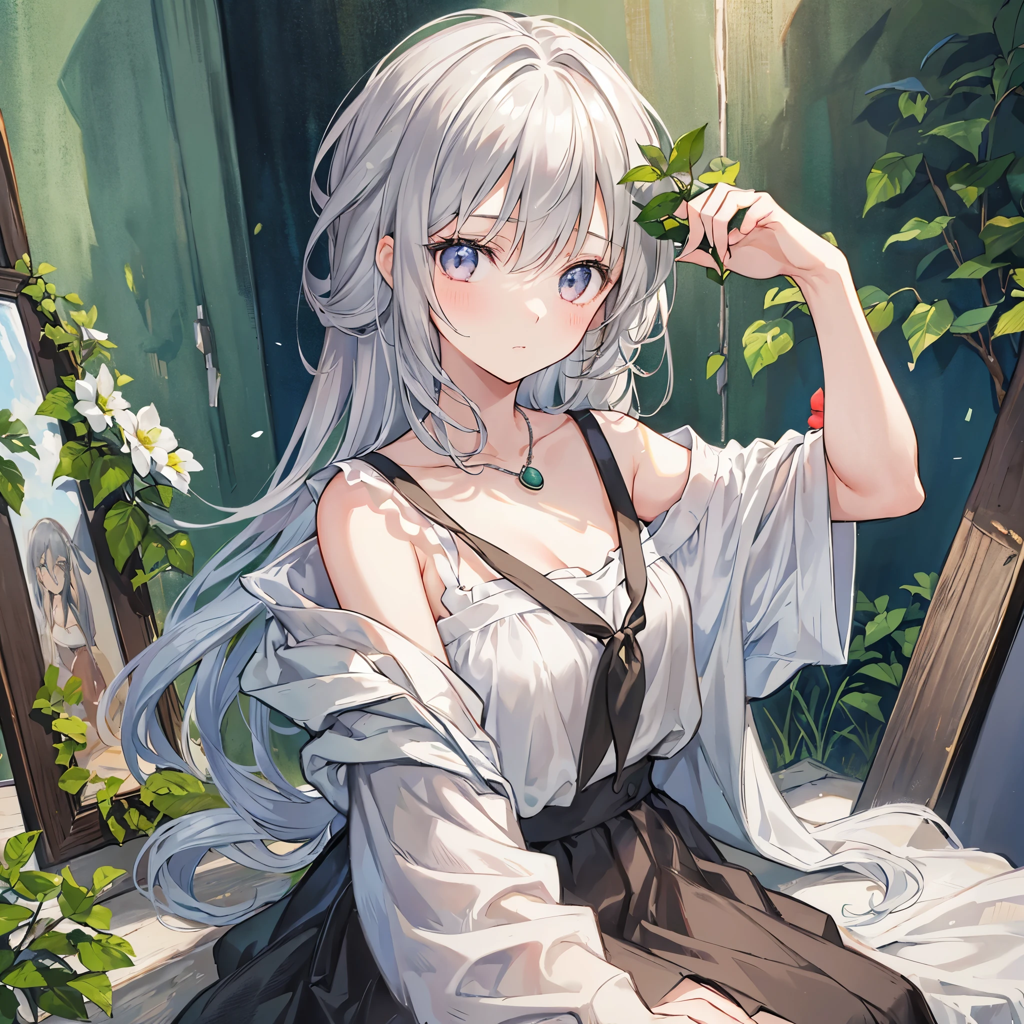 A girl with gray hair and silver eyes is depicted in the painting. Her hair is messy and falls over her shoulders. She is wearing an off-the-shoulder sweatshirt. The medium used for the artwork is ideal for creating ultra-detailed and realistic portraits. The image is of the best quality, with a resolution of 4k or higher, making it a masterpiece. The painting has a soft color palette, with warm lighting that adds to the aged appearance. The overall color scheme is dominated by shades of gray. The girl's eyes are vibrant and captivating. She has freckles on her face and long flowing strands of hair. She wears a neckerchief, adding to her wise expression. The atmosphere of the painting is mysterious,She wears a necklace with a green rectangular stone, with a storytelling aura. The artwork is rich in details, resembling a detailed painting.