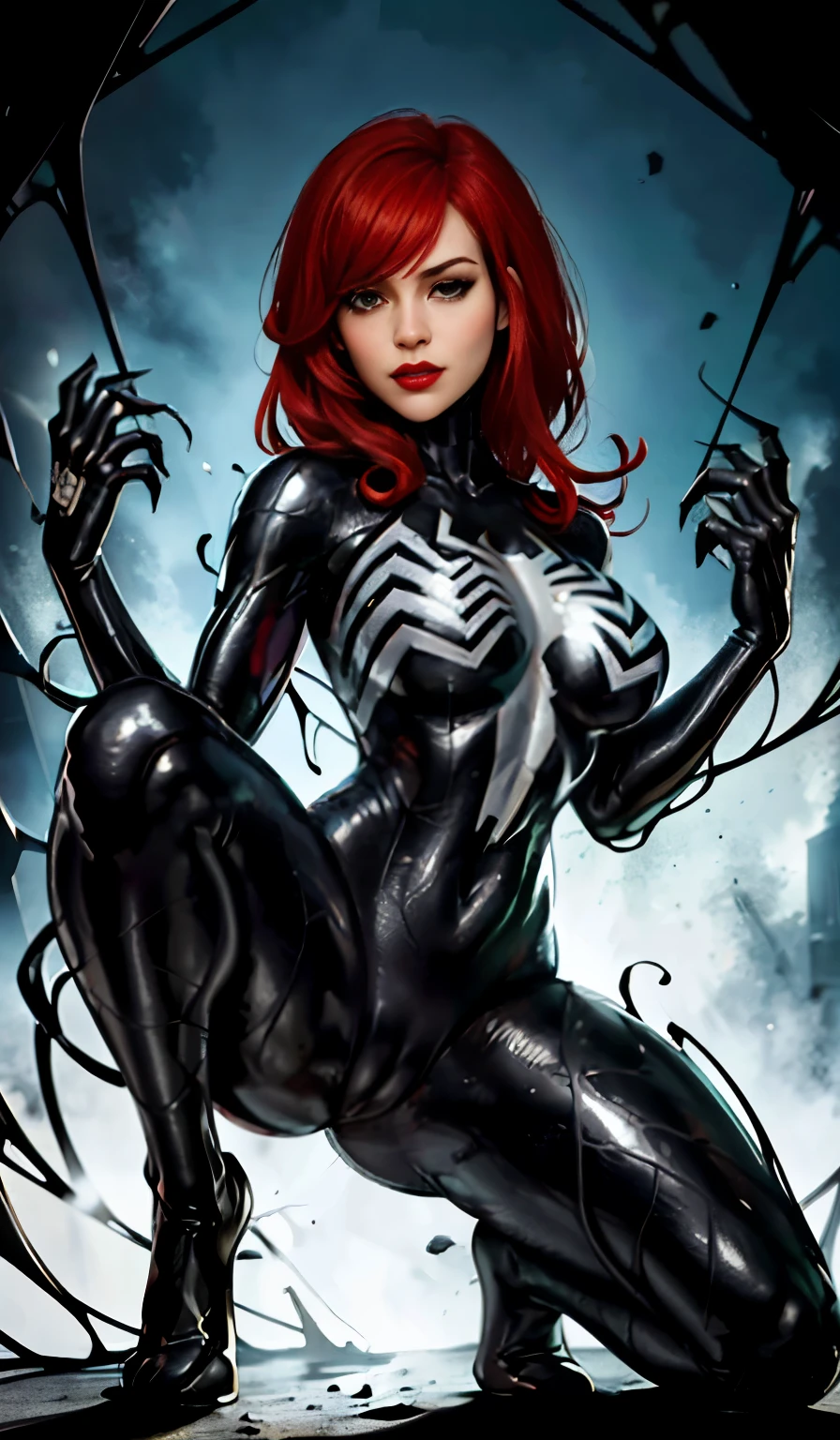 4K,realisticlying,Glamorous,The very detailed,There a girl in Dingcheng,Red hair,Wearing a black Spider-Man costume,(Black and white:1.4) the night,symbiote,venomize,a large amount of mucus,she a spiderman,Black superhero theme,In front of the sky,Flushed complexion,( Open legs, camel-toe,, Vulvar shape:1.3),(GGCameltoe:1.3)Legs apart,25 age old,full bodyesbian