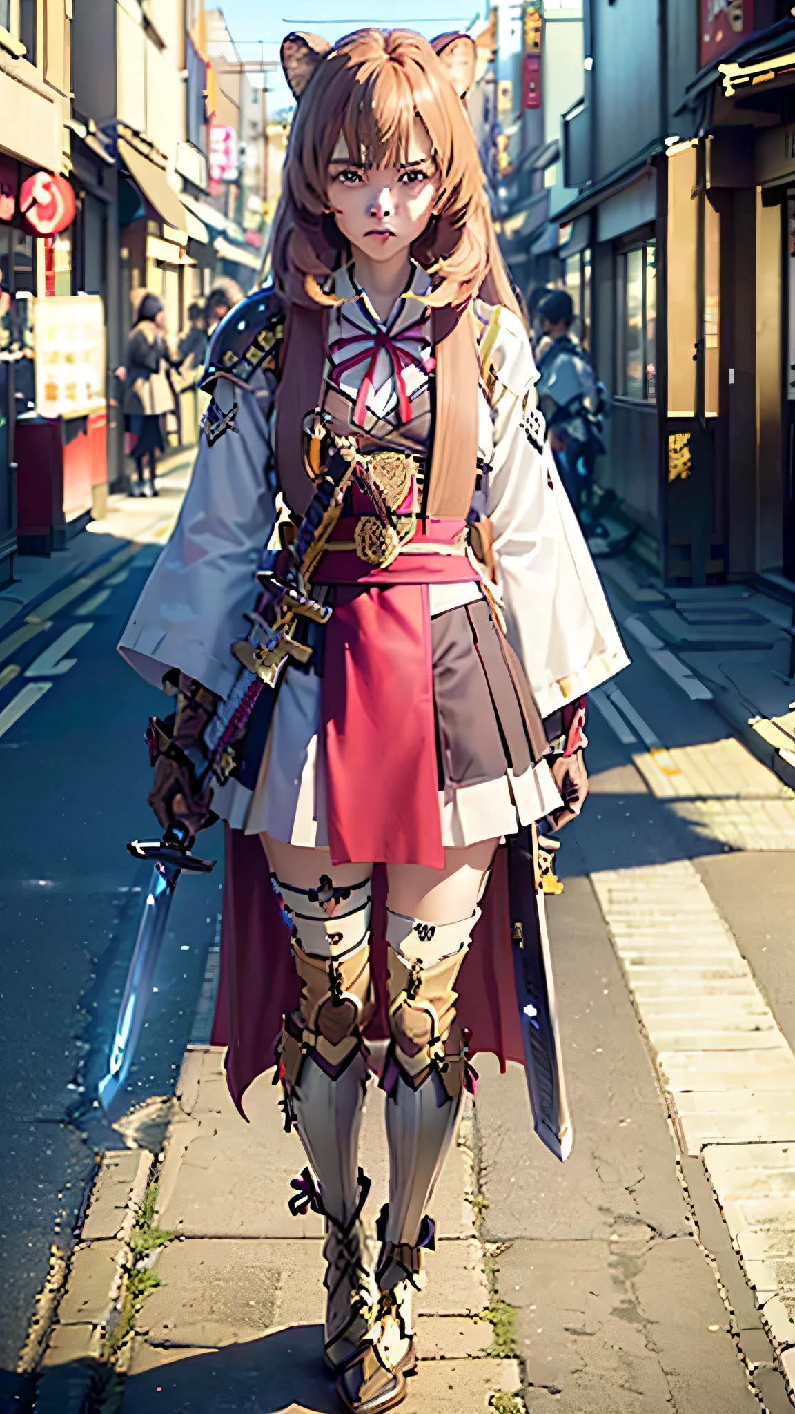 Brahmaestra, Raphtalia, brown hair, animal ears, red eyes,slightly angry face、Pose with movement、wear boots(look here:1.5)(full body shot:1.2)(Harajuku Takeshita Street:1.5), full body photo, convenience store,rotating car、car、Super Cub、Passer-by、(Distant view of modern Japanese cities:1.5)、(raise one&#39;s long sword:1.8),(Assault rifle,hold horizontally:1.8)