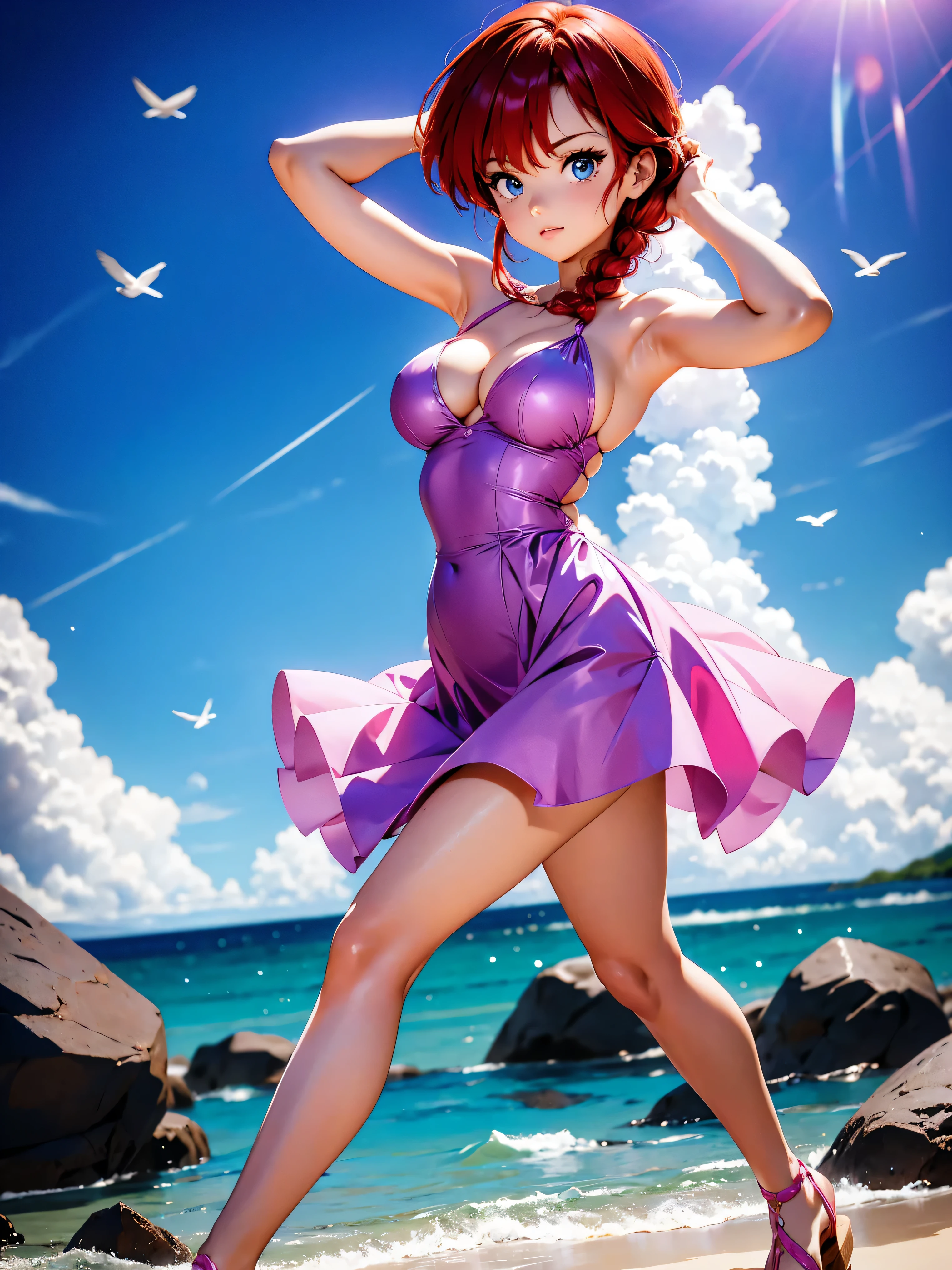 Garota anime ruiva com vestido longo pink e purple de casamento com corselet, saia, 16 anos, corpo bonito, seios grandes, with hands behind head, running your hands through your hair, Garota sexy, red short hair with braid, mechas de cabelo laterais, mechas de cabelo na lateral do rosto, beautiful lighting, sombras suaves, olhos azuis, pernas bonitas, short hair with braid, estilo anime, Ranma Chan, Autora Rumiko Takahashi, Baseado em obra de Rumiko Takahashi, Anime Ranma 1/ 2, decote sexy, quadril robusto, corpo inteiro, corpo inteiro, busto grande, garota jovem com corpo belo e bonito, sandals on his feet, garota 16 anos jovem baixa estatura, usando vestido longo pink e purple, garota anime, estilo anime, beautiful feet in sandals, 45° viewing angle, ao ar livre, red hair braid