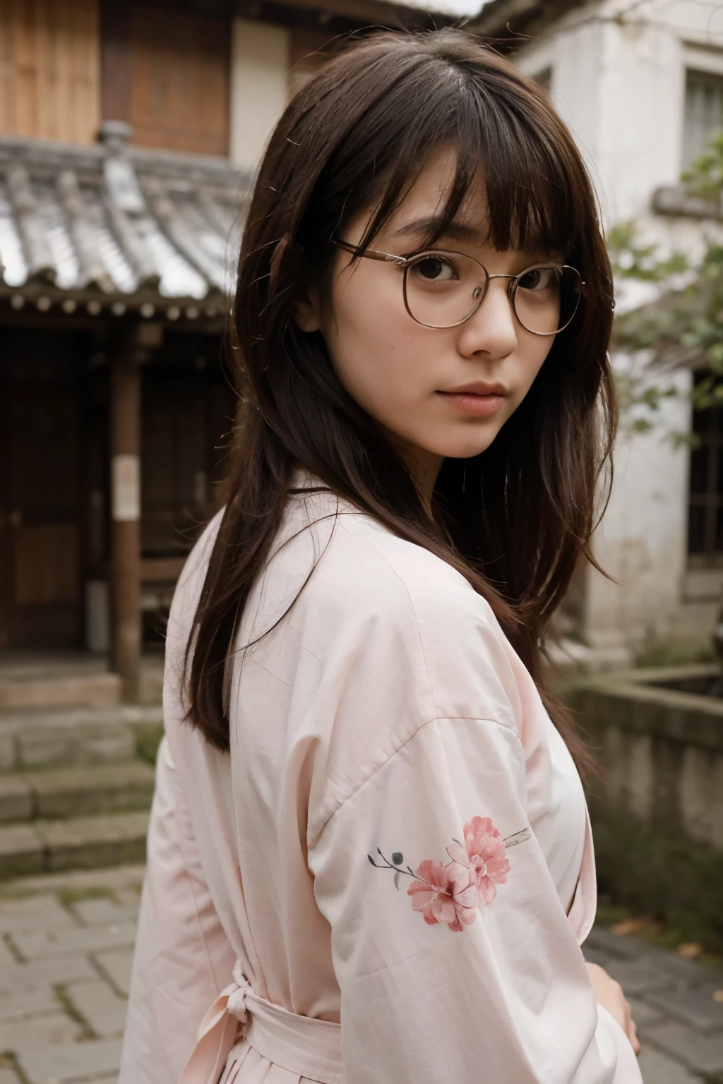 ((best quality)), ((masterpiece)), (detailed), perfect face, Japanese woman wearing a pink kimono with long bangs at the back, and 150 cm tall, wearing glasses, is in the temple yard with a graceful style
