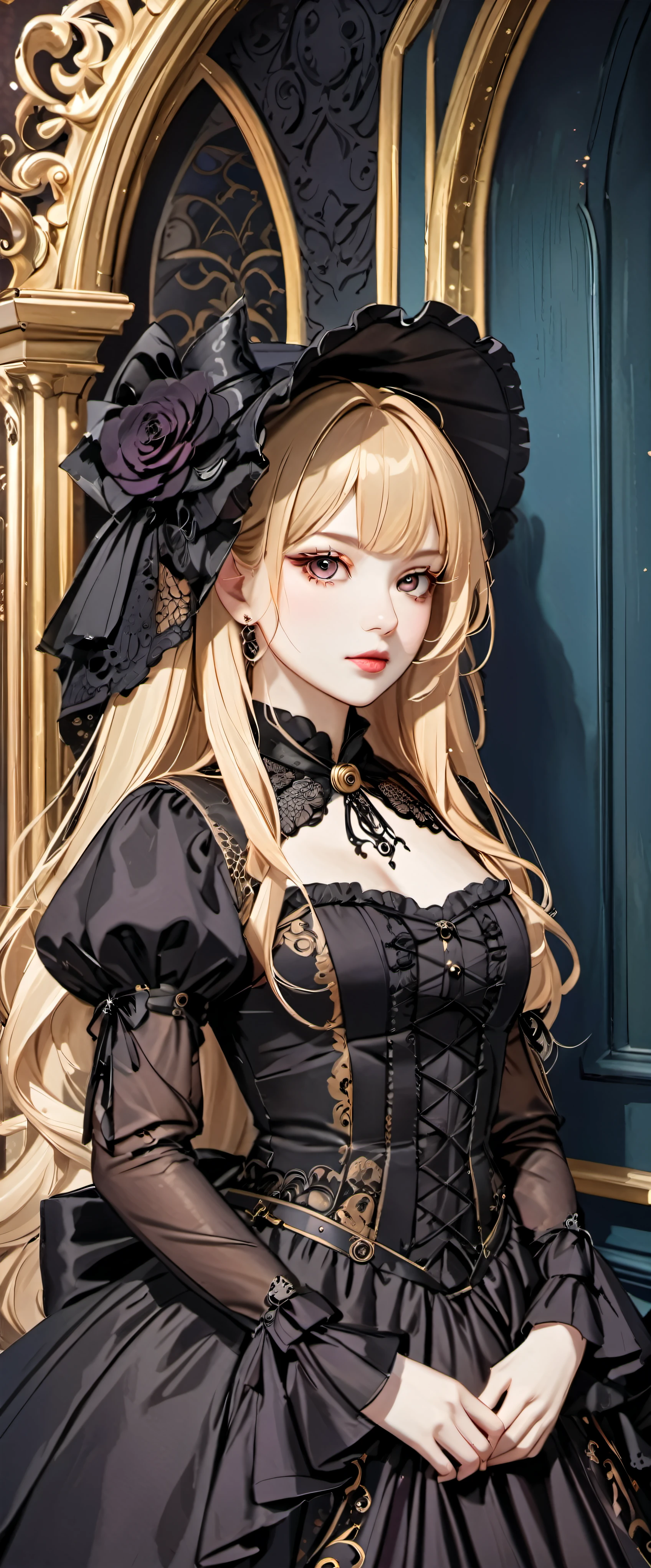 woman wearing dress and boots , baroque dress, wearing a detailed steampunk dress, elegant gothic princess, victorian gothic ta fashion, historical baroque dress dark, black gothic loliress, fantasy style clothing, rococo dress, black rococo, fantasy costume, wearing a gothic dress, romantic dress, gothic dress,blonde,,(((upper body portrait)))