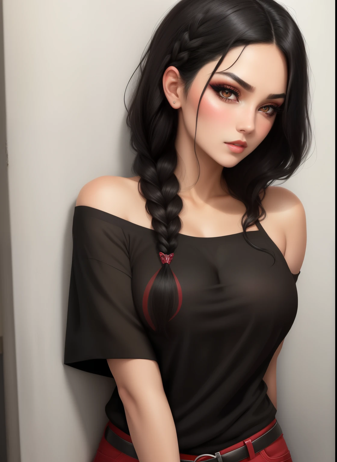 Sexy woman, black hair, single braid, seductive eyes, intense gaze, mouth parted, deep blush, flustered, lustful, beautiful face, amazing makeup, off shoulder t shirt, medium chest, cleavage, pinned against the wall
