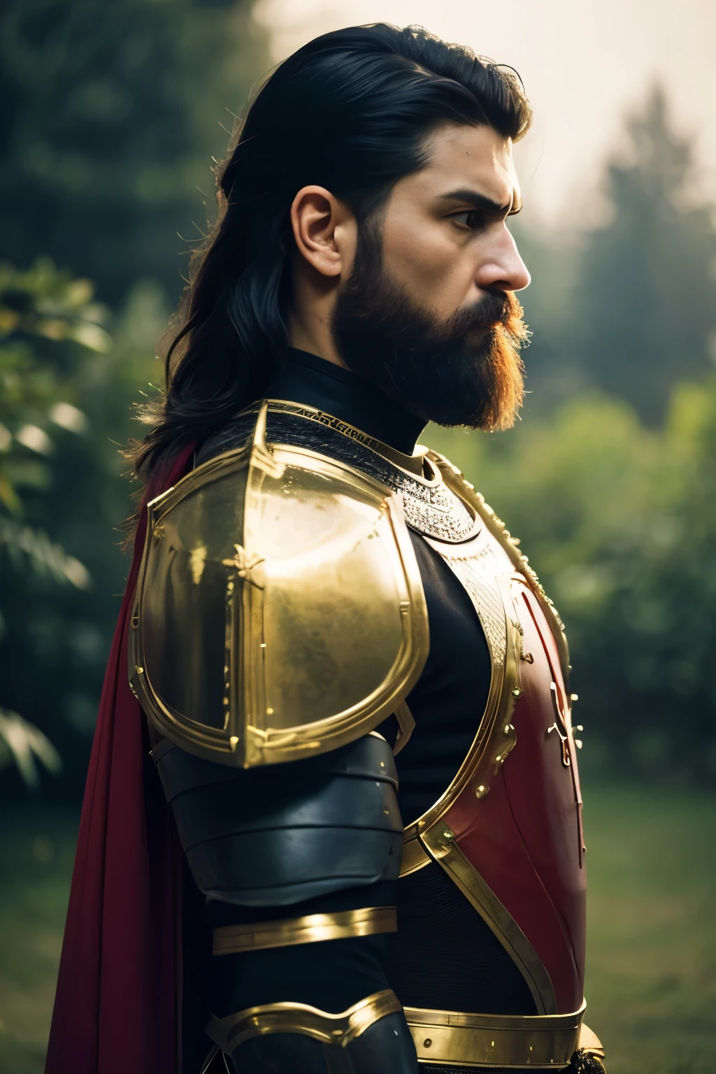 Side view of roman warrior with shield on back，Overgrown，mystery，Ethereal，dark，muscular，Sparta，A more impressive beard，Extremely detailed and decorated armor，black armor，gold ornaments， atmospheric haze、film grain、Film stills、shallow view deep、Highly detailed、high budget、movie theater、moody、Epic、Overall details、2000s Retro RAW Photos、Realism、camera、color graded movies、Eye light、atmospheric lighting、imperfections,nature,shallow view deep,dynamic angle,whole body,high resolution，Extreme details