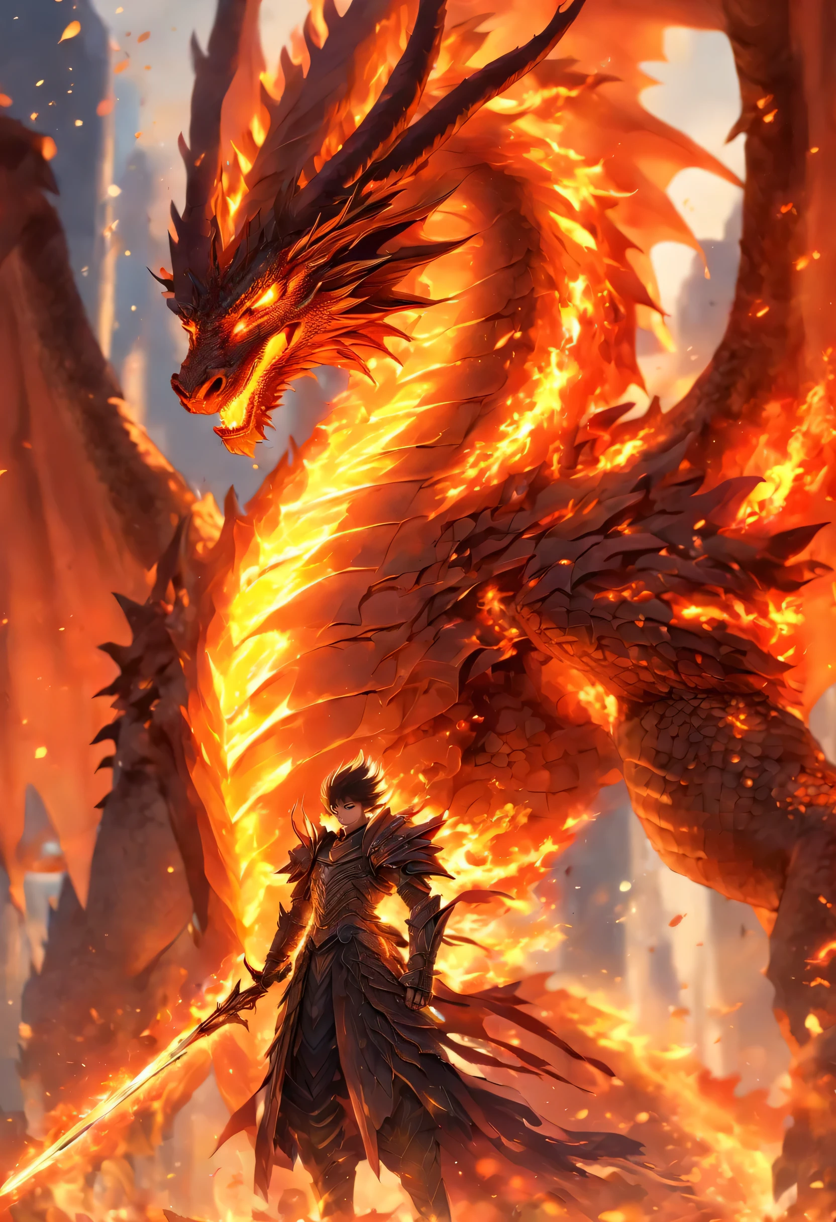 A dragon, humanoid, wearing armor with flame aura around, giant wings, holding a great sword, masterpiece, perfect body proportion, perfect face 