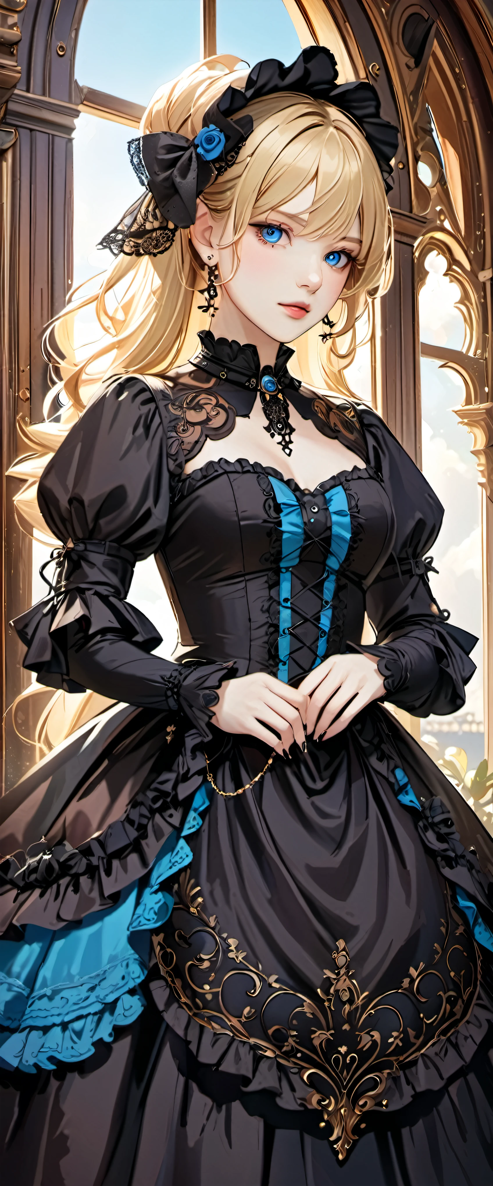woman wearing dress and boots , baroque dress, wearing a detailed steampunk dress, elegant gothic princess, victorian gothic ta fashion, historical baroque dress dark, black gothic loliress, fantasy style clothing, rococo dress, black rococo,  fantasy costume, wearing a gothic dress, romantic dress, gothic dress,blonde,,(((upper body portrait)))blue eyes