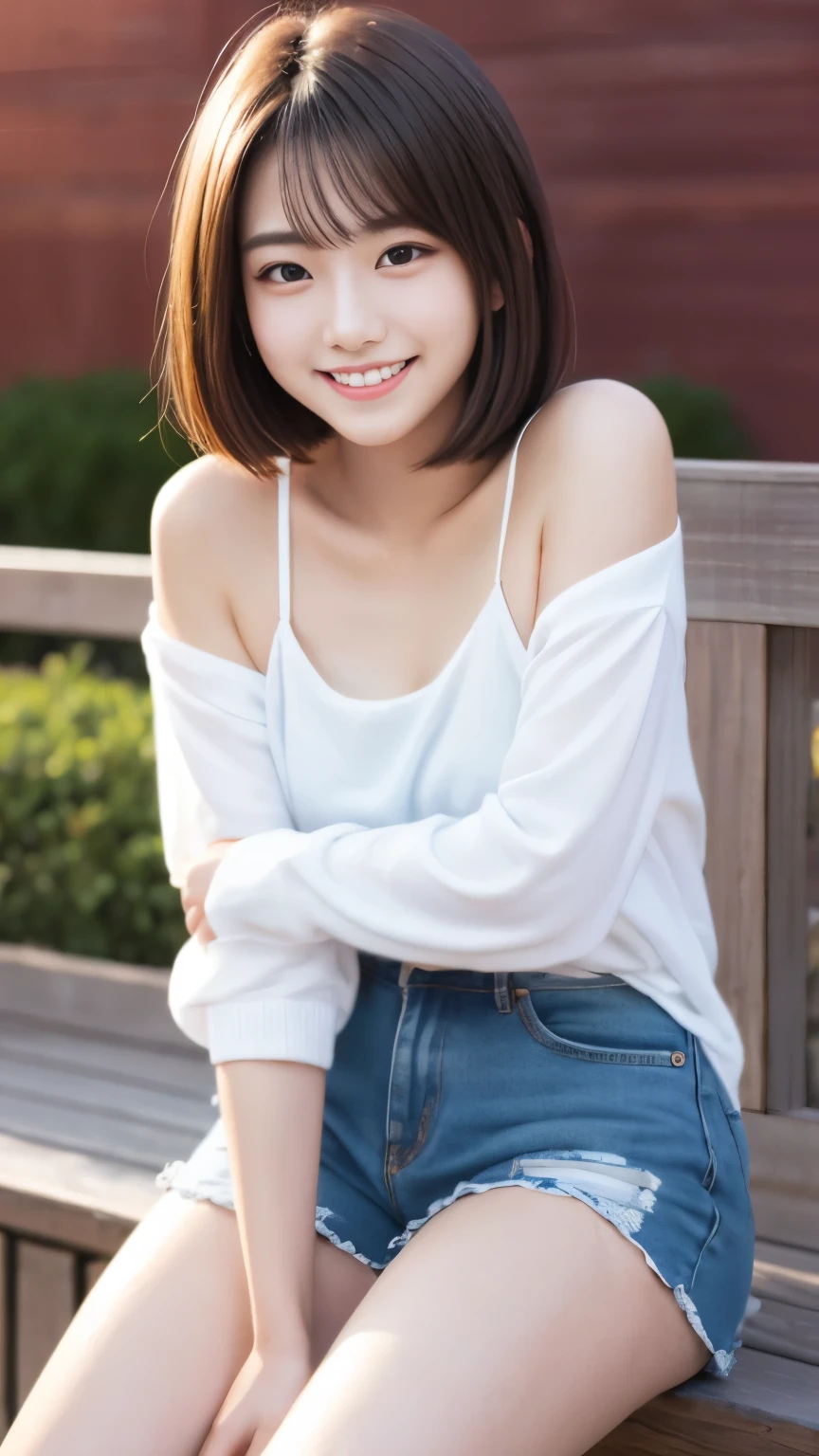 idol japanese,17 years old,short hair, [[[[close]]]], [[[[chest]]]], [[[[head]]]], [[[[shoulder]]]], perfect eyes, perfect iris, perfect lips, perfect teeth, perfect skin, soft front light, shine, HDR, (calm colors:1.2),whole body,thick thighs,smile