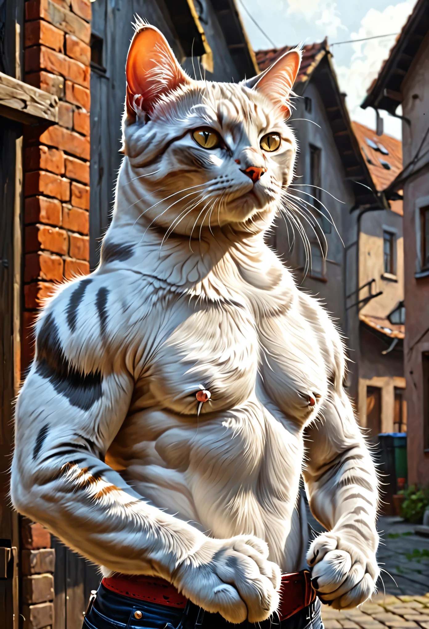 there is a cat, who stands with his arms crossed, a hyperrealistic painting by Tadeusz Pruszkowski., trending on artstation, furry art, muscular character, muscular and intimidating, muscular characters, Ultra Realistic Illustration, anthropomorphic cat, ultra realistic concept art, hyperrealistic illustration, Extreme muscles, hyperrealistic illustration