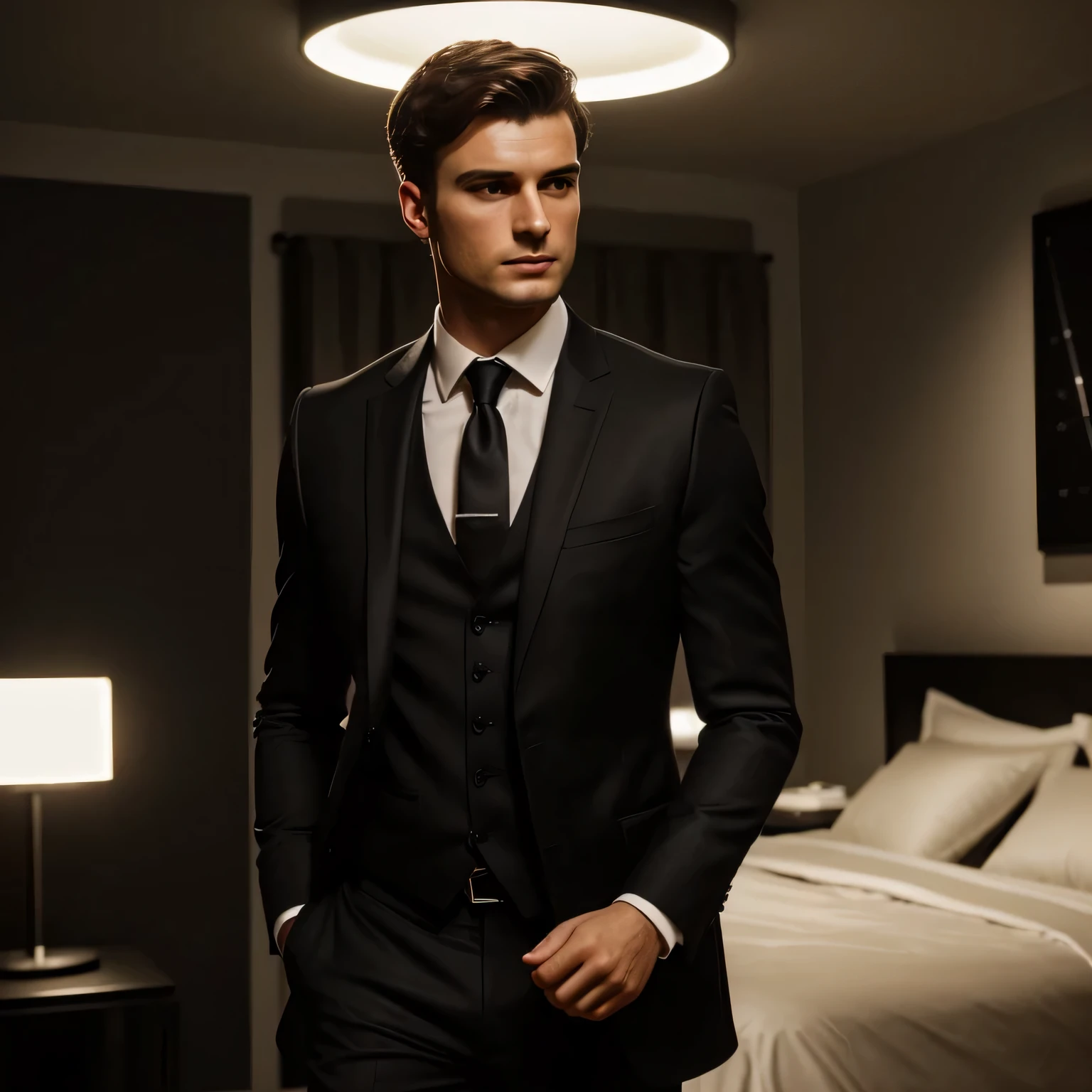 (Best quality:1.5), high quality, realistic, detailed, ((European appearance), (whole body)beautiful facial features, man, short hair,(brunette), in a black suit, In the room, Modern design, , I look at the viewer, cinematic lighting,