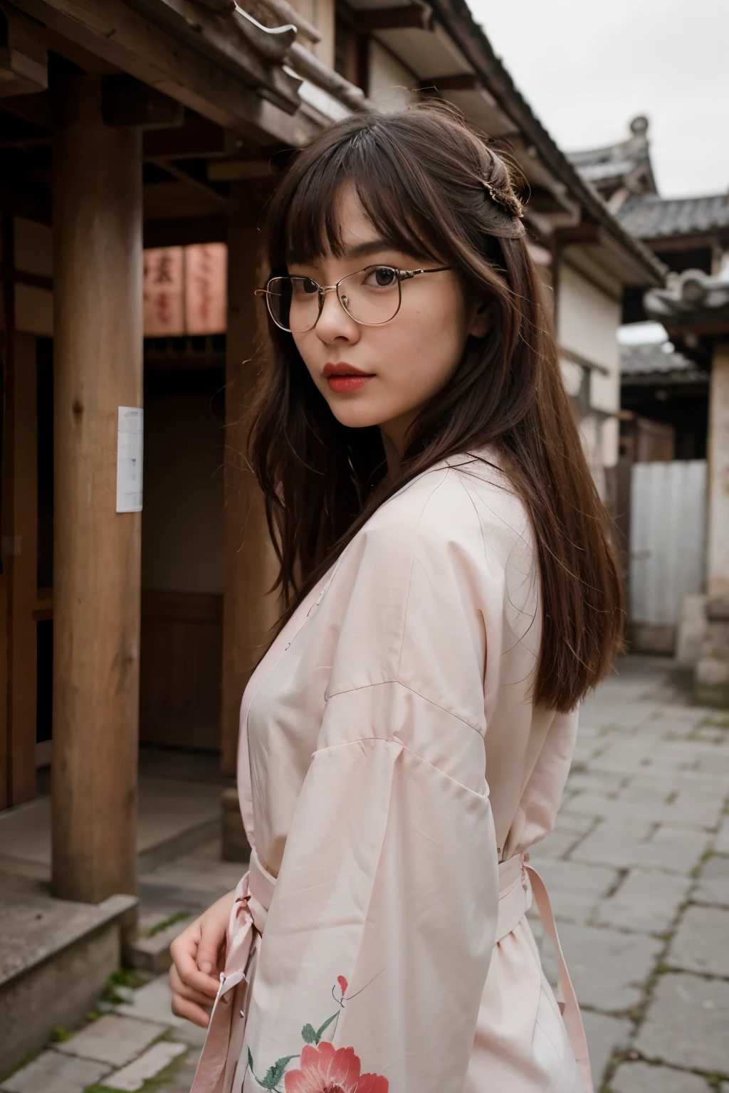 ((best quality)), ((masterpiece)), (detailed), perfect face, Japanese woman wearing a pink kimono with long bangs at the back, and 150 cm tall, wearing glasses, wearing simple make-up and red lipstick, is in the temple yard with a graceful style