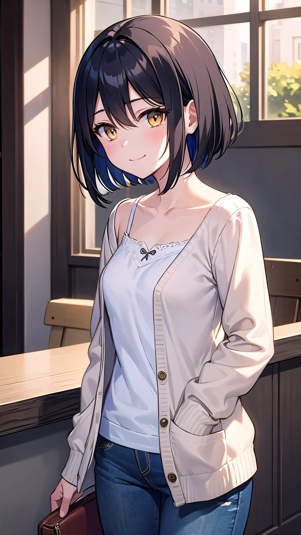 (masterpiece), (highest quality), (Super detailed), (beautiful illustrations), (pretty girl), 1 girl, black hair, short hair, bangs, hair between eyes, beautiful hair, かき上げたbangs, yellow eyes, beautiful and delicate eyes, 16 years old, white camisole, BREAK, white short cardigan, black slit denim pants, from the front, smile, closed mouth, In town, 