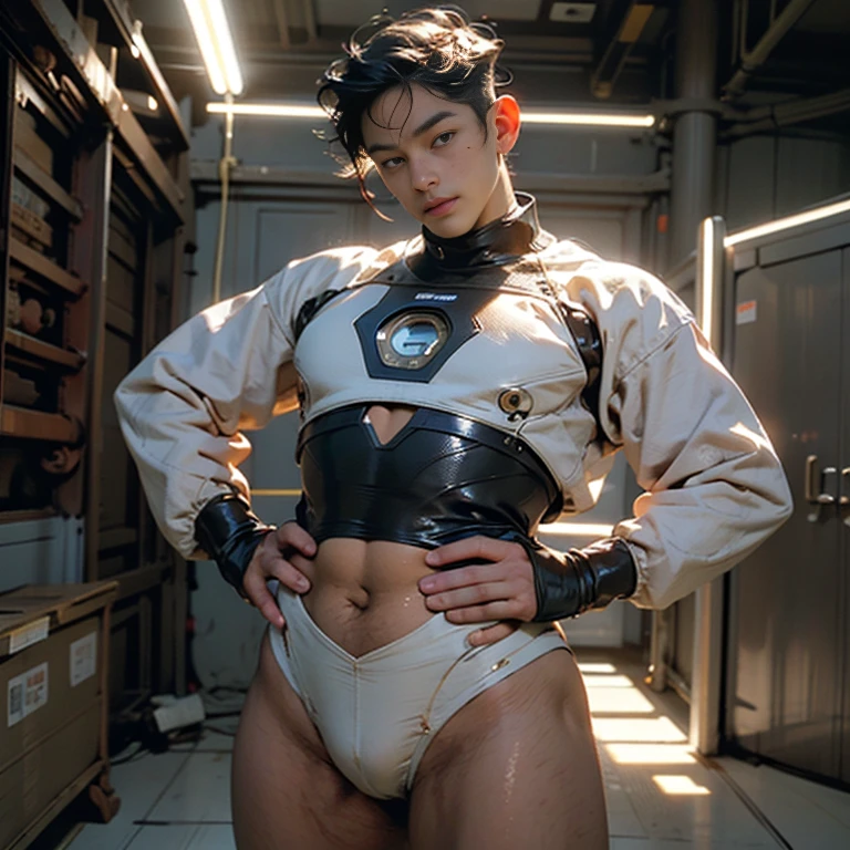 (masutepiece,High resolution,ultra - detailed:1.0),1(Boy ,robot boy ),Perfect male body,Look at the camera,Delicate eyes and delicate face,extremely details CG,Unity 8k壁纸,intricate-detail,solo person,Detailed face, ( extreme tight high waisted white bodysuit), (extremely small size bodysuit squeeze out the side belly),Best Quality, hands visible, Beautiful and delicate blue short hair:1.5 , full length shot(fls) , big thighs , big fat hips , insane details, hyper details , photorealistic , only male , handsome boy , fat buttock , puffy nipples , 16k resolution , ultra-high clarity , hyperrealism, uhd,. K-pop idol , whore , slutty whore , swollen nipples , defeat , grins ,thick thighs, thick fat booty. Fat buttocks , male , gluteal fold , buttocks lift , (bare thighs ) , (bare chest ) , ( thick bottom ) , realism , hyper realistic , photorealistic , ( thick hips ). , standing , dynamic pose , super tight , super handsome boy , male , gynecomastia , fatty hips , fatty buttocks, sexy , eroticism , nsfw , side belly fat , sexy slutty whore , nasty bitch , (photorealistic) ,epic realism , epic photorealistic