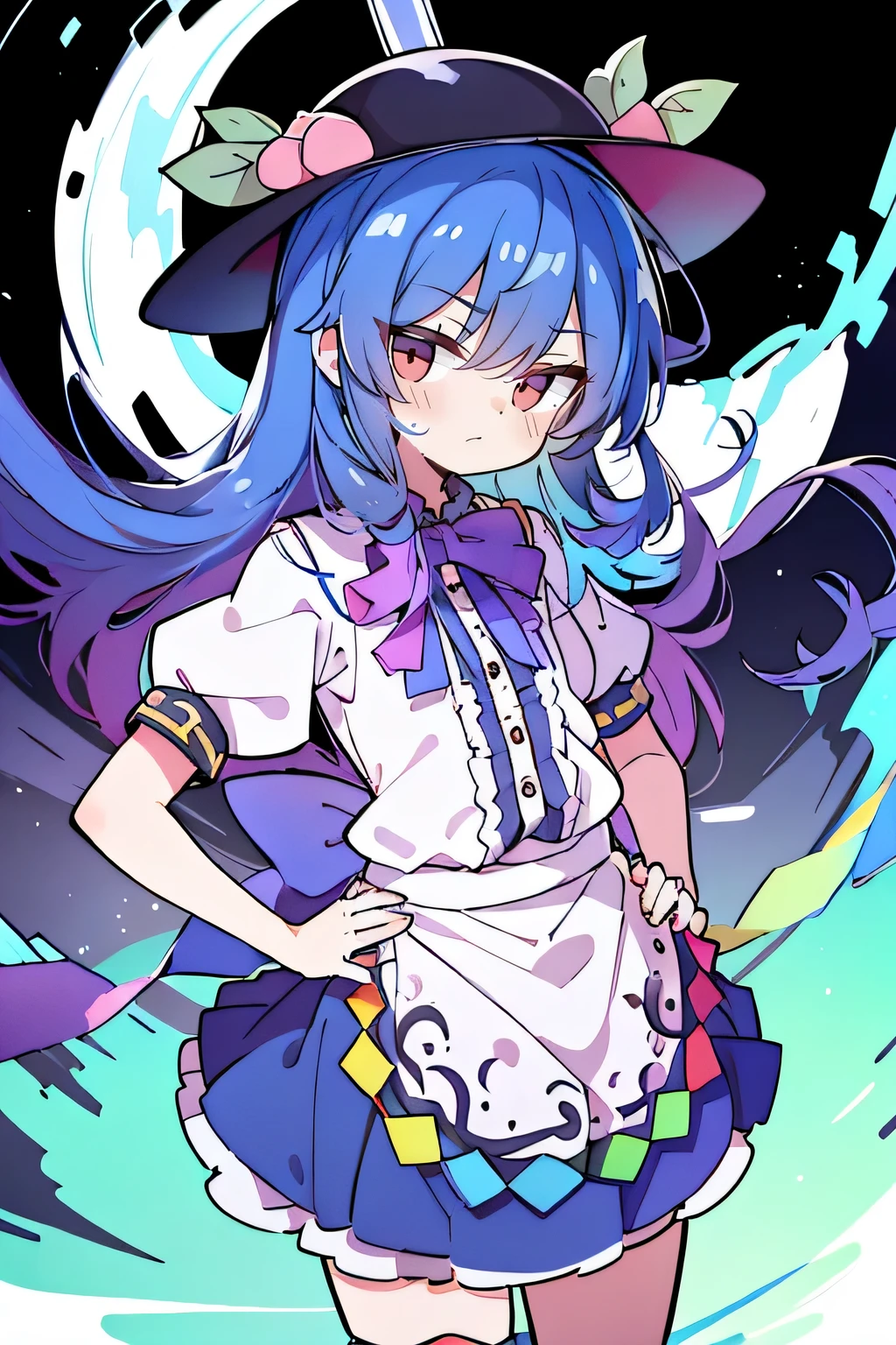 (masterpiece),best quality, expressive eyes, perfect face, 1girl,
hands on waist,beautiful, gorgeous,anime,girl,lora,hinanawi tenshi, blue hair, blue haired, floating clothes,waist grab, grabbing waist, mains sur les hanches , hands on hips,flat chest