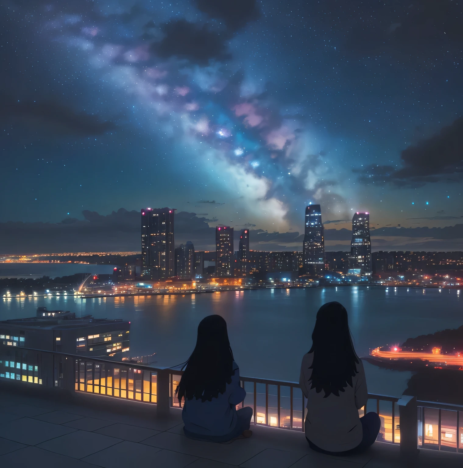 octans, sky, star (sky), scenery, starry sky, night, 1girl, night sky, solo, outdoors, signature, building, cloud, milky way, sitting, tree, long hair, city, silhouette, cityscape
