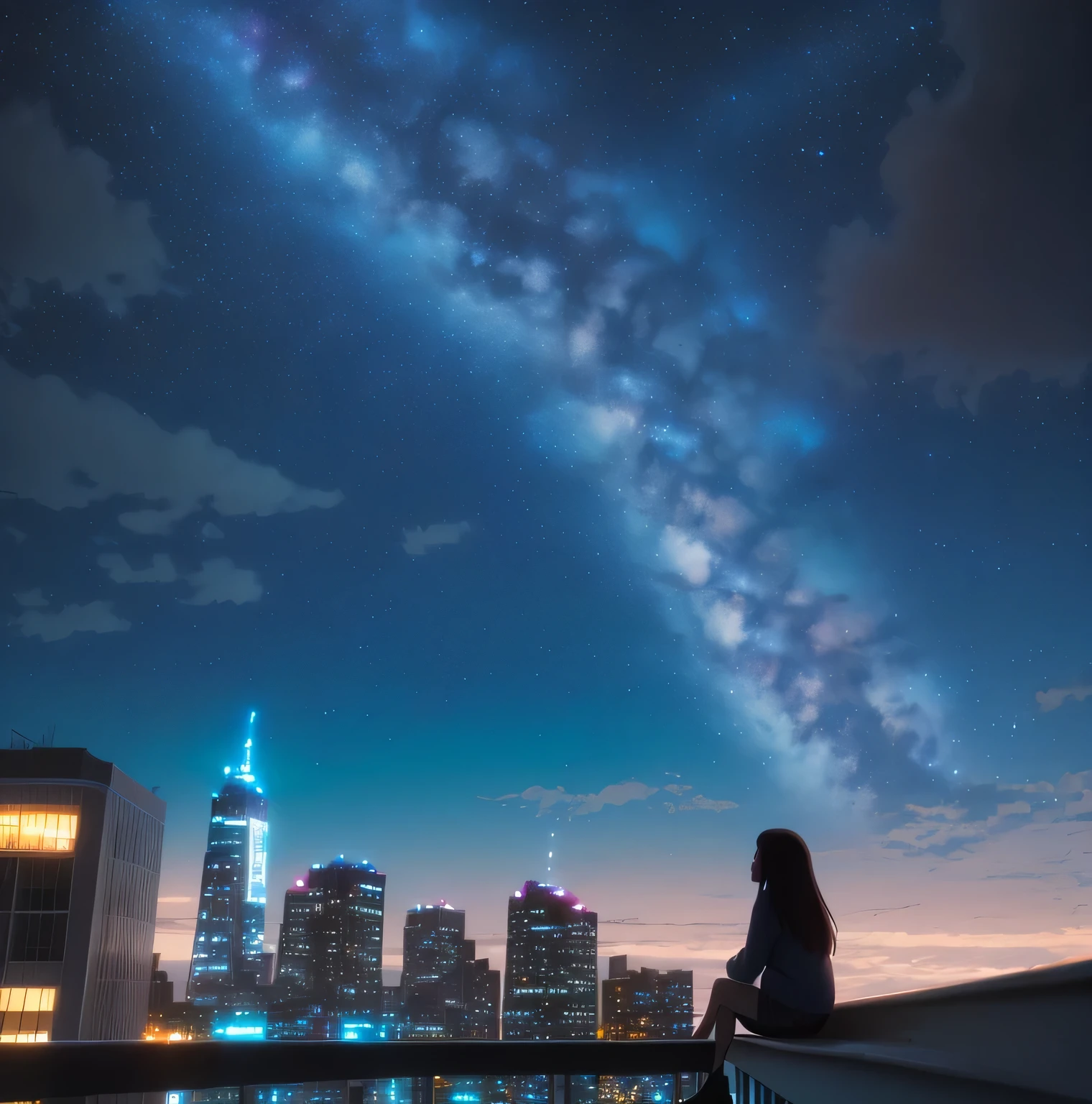 octans, sky, star (sky), scenery, starry sky, night, 1girl, night sky, solo, outdoors, signature, building, cloud, milky way, sitting, tree, long hair, city, silhouette, cityscape