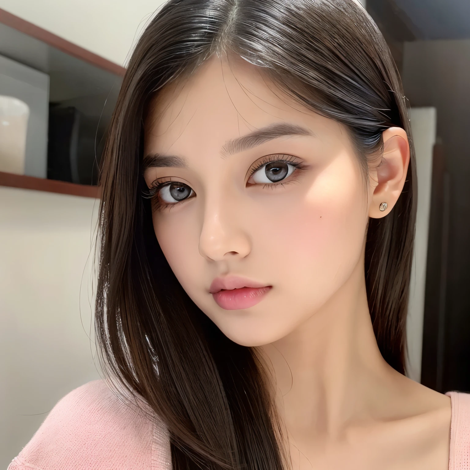 Show me a girl with double eyelids, shoulder length black hair, plump pink lips, slight under eye bags and dark circles, light brown eyes, oval face, indian