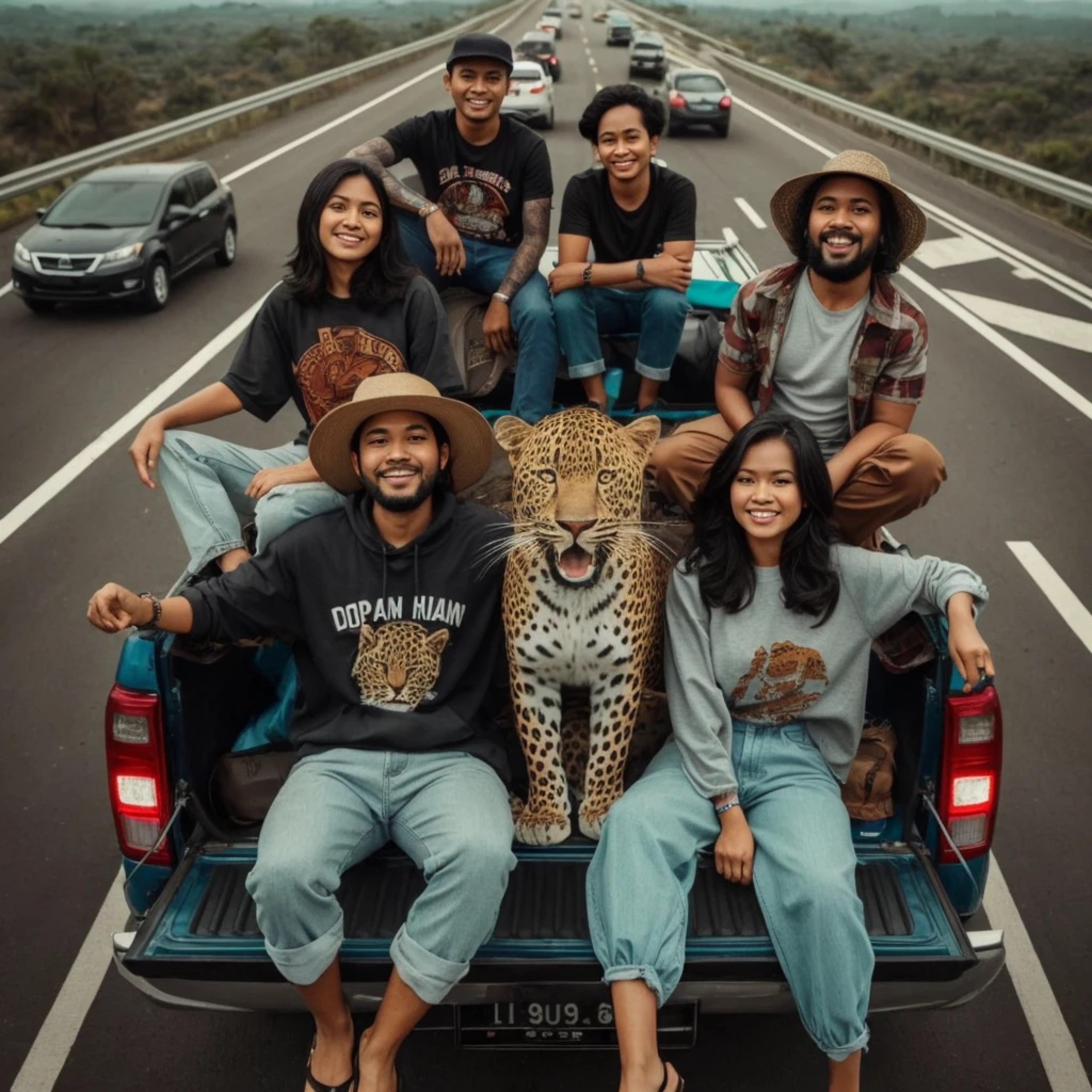 image of two Indonesian women with 4 men, wearing casual clothes, various styles, sitting in the bed of a pickup truck, expressions of happiness, accompanied by a large leopard in their midst, on the highway, aerial view, very detailed, highest resolution, texture detaild, best quality, 8k, UHD, photorealistic