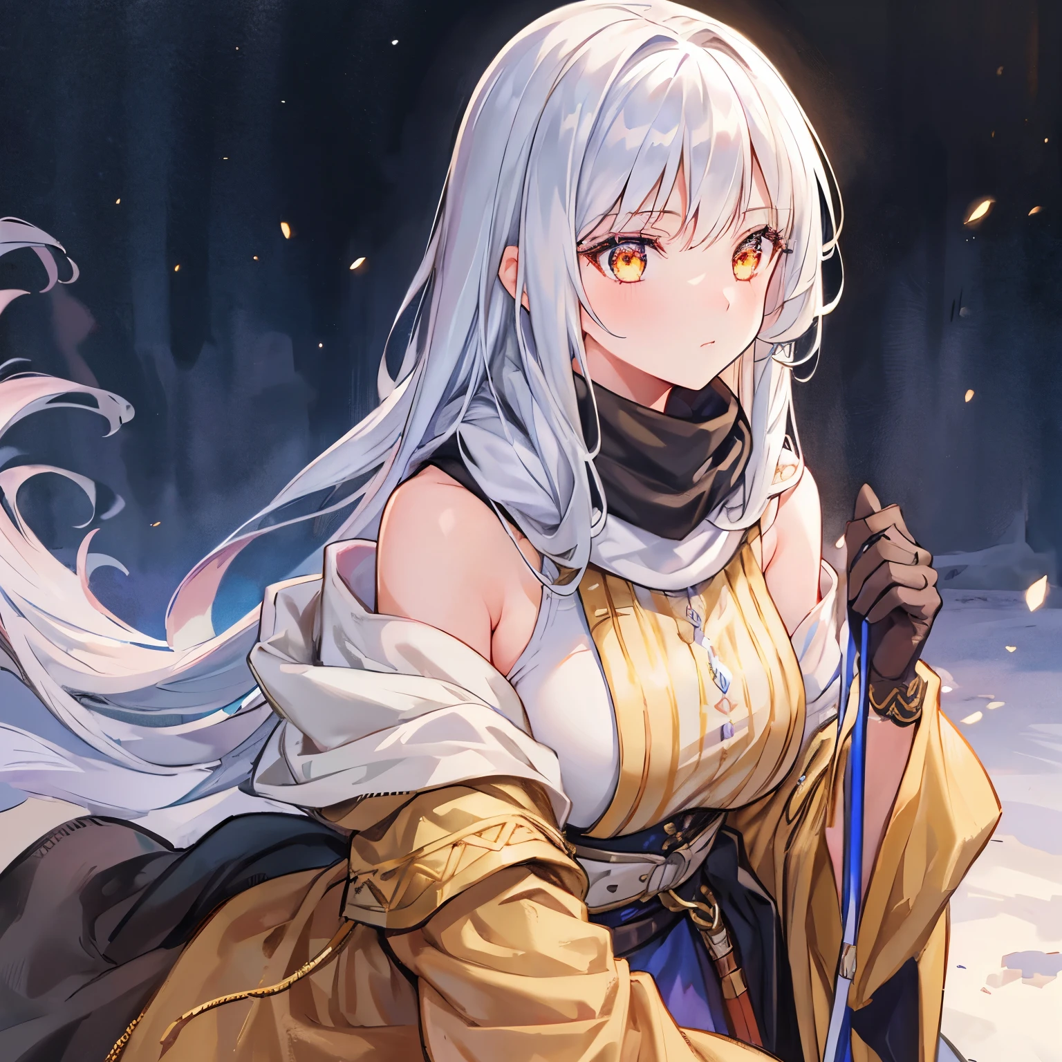 girl, silver hair, golden eyes, long dress, medieval,Middle Ages, off-the-shoulder, military uniform, neck scarf, illustrations, high-res, ultra-detailed, realistic, vivid colors, portraits, warm color tones, soft lighting