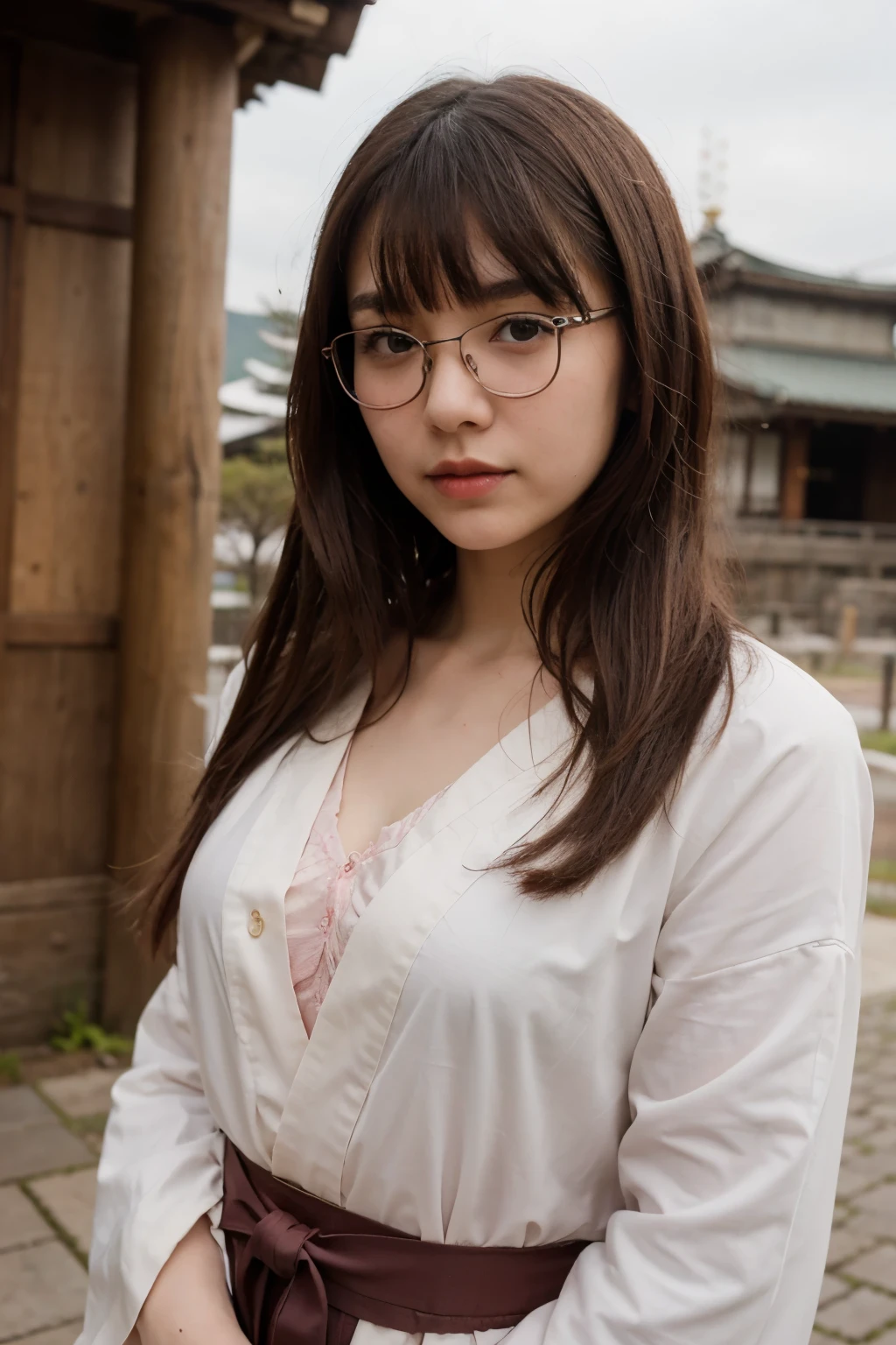 ((best quality)), ((masterpiece)), (detailed), perfect face, Japanese age girl who looks cute, 17 y0 cm tall, wearing a pink kimono, wearing glasses, wearing a simple risan, wearing red lipstick, with a front hairstyle with long bangs, with a Japanese temple in the background.