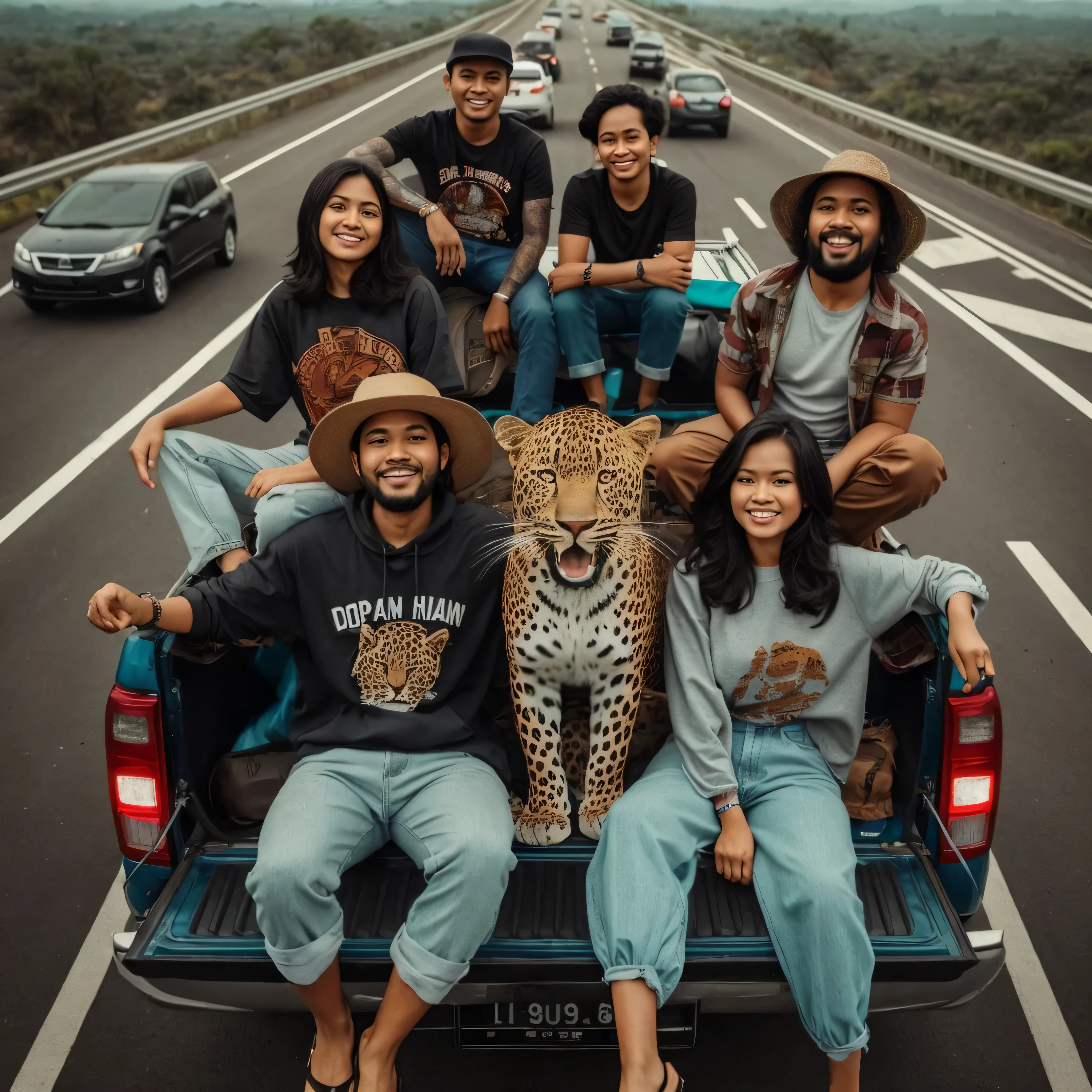 image of two Indonesian women with 4 men, wearing casual clothes, various styles, sitting in the bed of a pickup truck, expressions of happiness, accompanied by a large leopard in their midst, on the highway, aerial view, very detailed, highest resolution, texture detaild, best quality, 8k, UHD, photorealistic