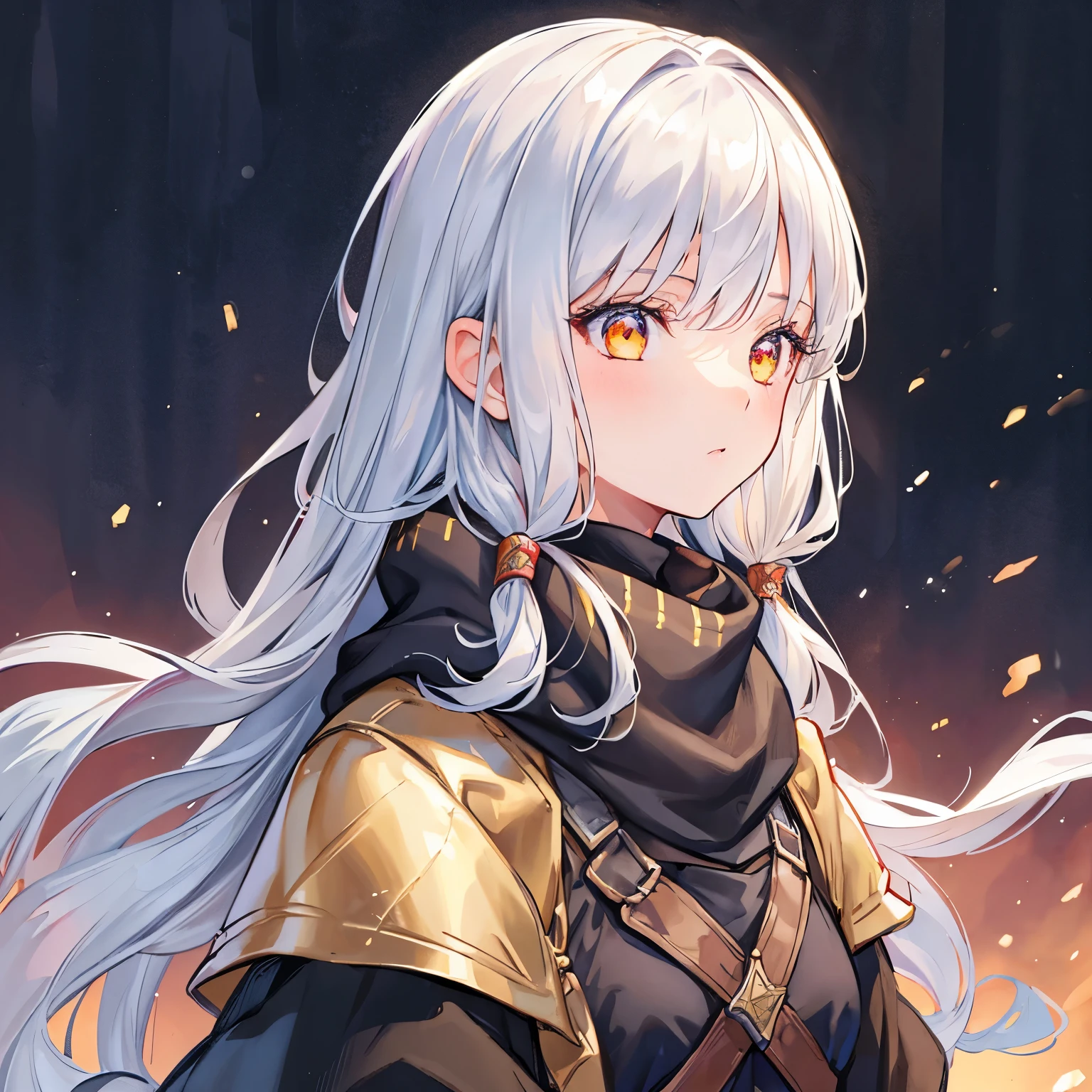 girl, silver hair, golden eyes, long dress, medieval,Middle Ages, off-the-shoulder, military uniform, neck scarf, illustrations, high-res, ultra-detailed, realistic, vivid colors, portraits, warm color tones, soft lighting