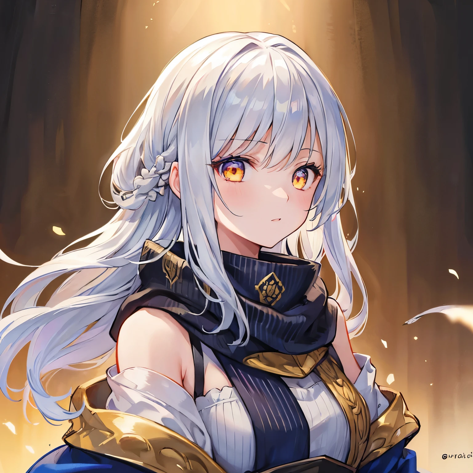 girl, silver hair, golden eyes, long dress, medieval,Middle Ages, off-the-shoulder, military uniform, neck scarf, illustrations, high-res, ultra-detailed, realistic, vivid colors, portraits, warm color tones, soft lighting