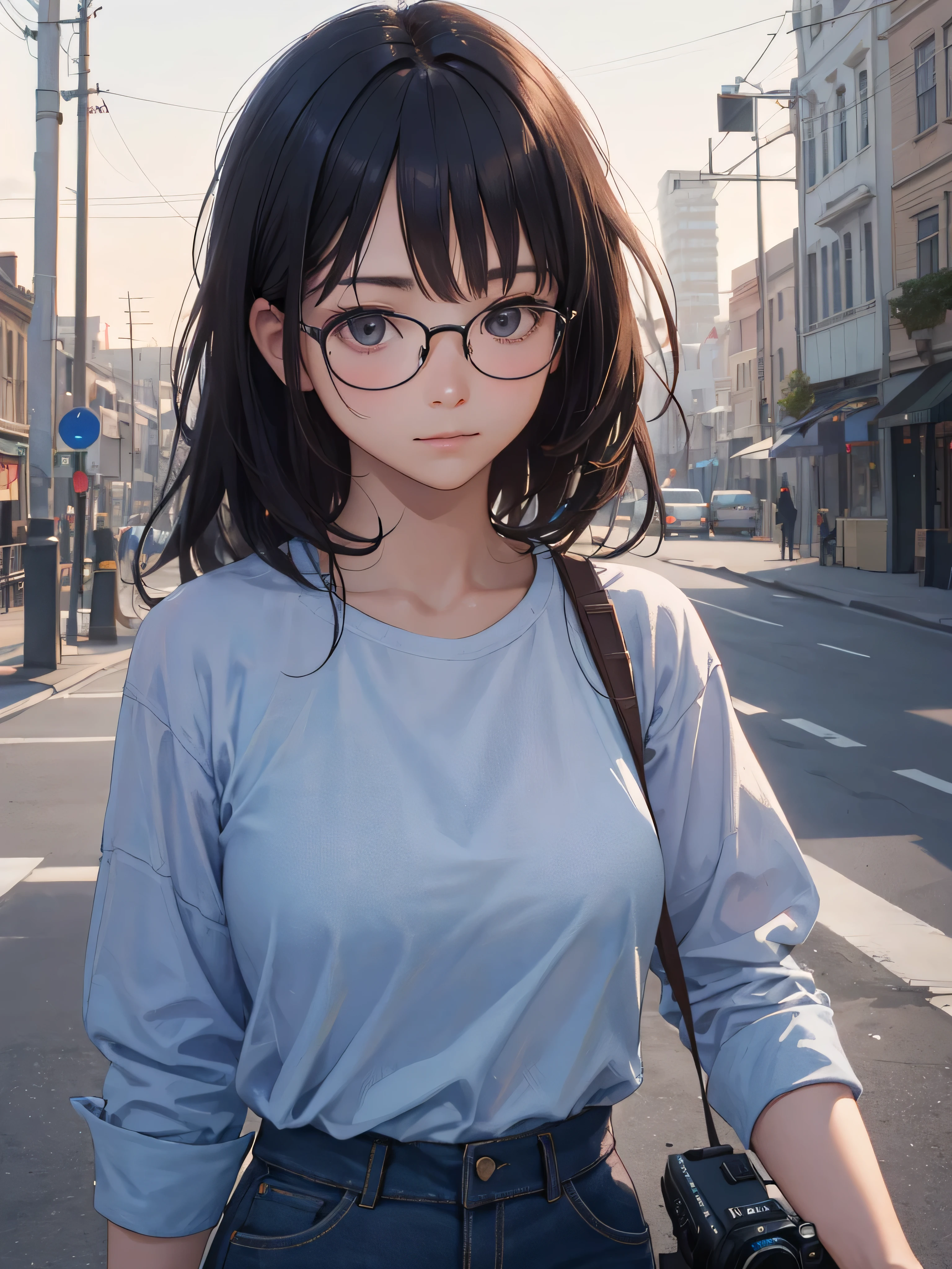 (Raw photo, 最high quality), (realistic, photo-realistic:1.3), very delicate and beautiful, wonderful, finely, masterpiece, Super detailed, High resolution, (best shadow),
sharp focus, volumetric fog, 8k uh, Digital single-lens reflex camera, high quality, Fujifilm XT3,
a woman wearing Glasses and a blue top posing for picture in the street with her hand on her head, Glasses, picture, Americanism