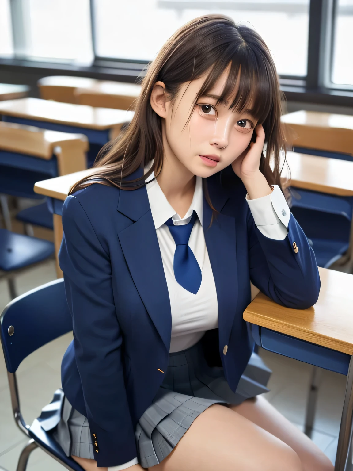 8k, highest quality, real image, intricate details, Super detailed, ultra high resolution, depth field,(realistic,realistic:1.2), (crying face:1.3), (tears:1.2), (lamentation:1.2), sitting on a chair, 1 Japanese girl, very beautiful 17 year old girl, (beautiful breasts:1.5, highly detailed eyes:1.2), (beautiful breasts:1.1), (small breasts:1.2), wavy hair、curly hair、bangs, perfect skin, Fair skin, huge hips, thick thighs, thick legs, tight waist, alone, looking at the viewer, (School_uniform),(dark blue blazer), (white shirt、wear a tie), (gray pleated skirt), (sculpture installation :1.1), break classroom