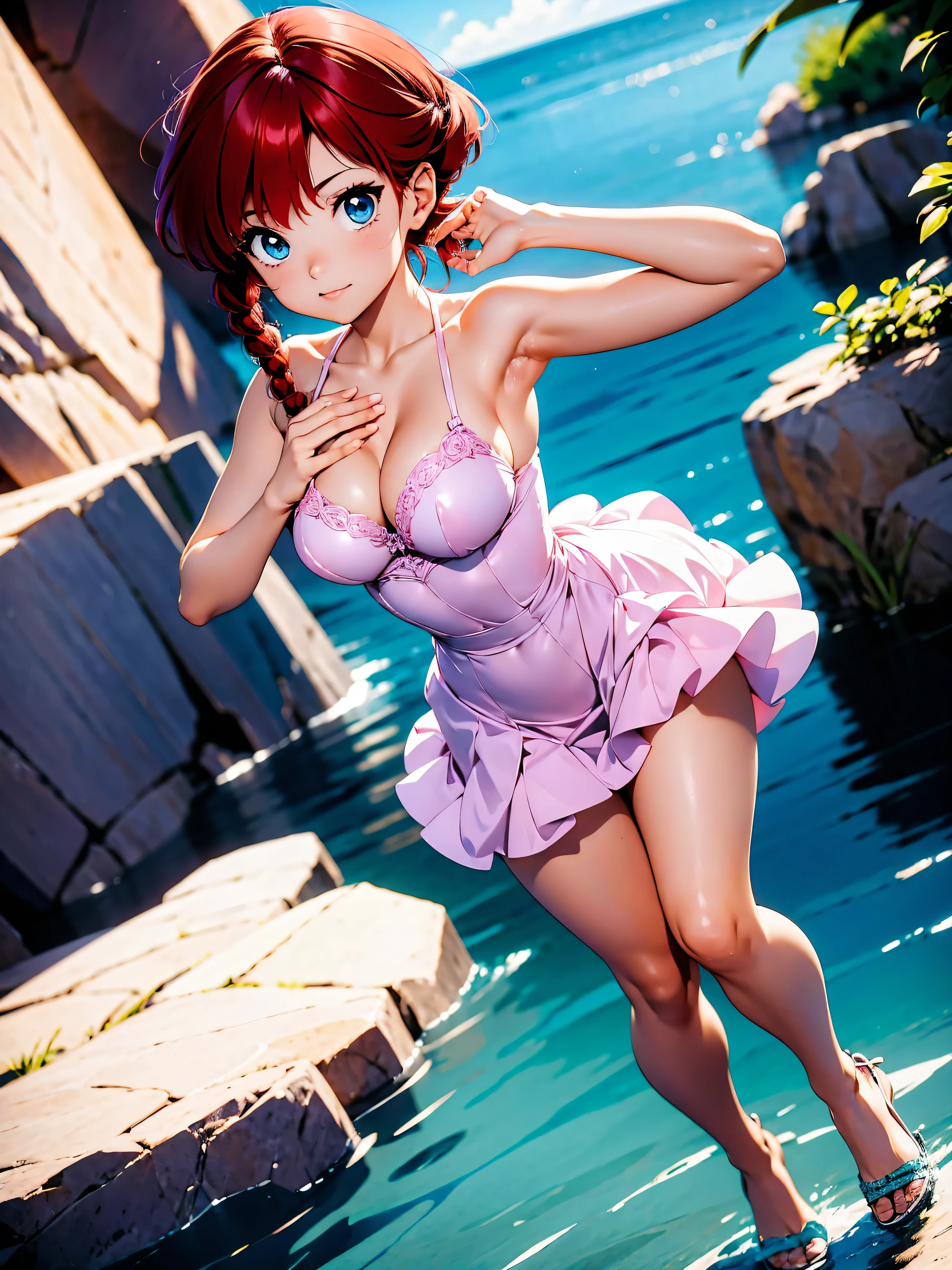 Garota anime ruiva com vestido longo pink e purple de casamento com corselet, saia, , corpo bonito, seios grandes, with hands behind head, running your hands through your hair, Garota sexy, red short hair with braid, mechas de cabelo laterais, mechas de cabelo na lateral do rosto, beautiful lighting, sombras suaves, olhos azuis, pernas bonitas, short hair with braid, estilo anime, Ranma Chan, Autora Rumiko Takahashi, Baseado em obra de Rumiko Takahashi, Anime Ranma 1/ 2, decote sexy, quadril robusto, corpo inteiro, corpo inteiro, busto grande, garota jovem com corpo belo e bonito, sandals on his feet, garota 16 anosbaixa estatura, usando vestido longo pink e purple, garota anime, estilo anime, beautiful feet in sandals, Front viewing angle 0°, ao ar livre, red hair braid