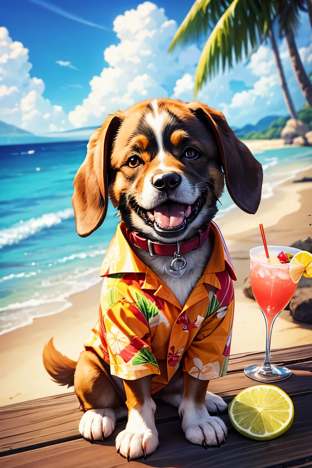 A cheerful dog, happy and holding a cocktail in its paw. Dog in a Hawaiian shirt.