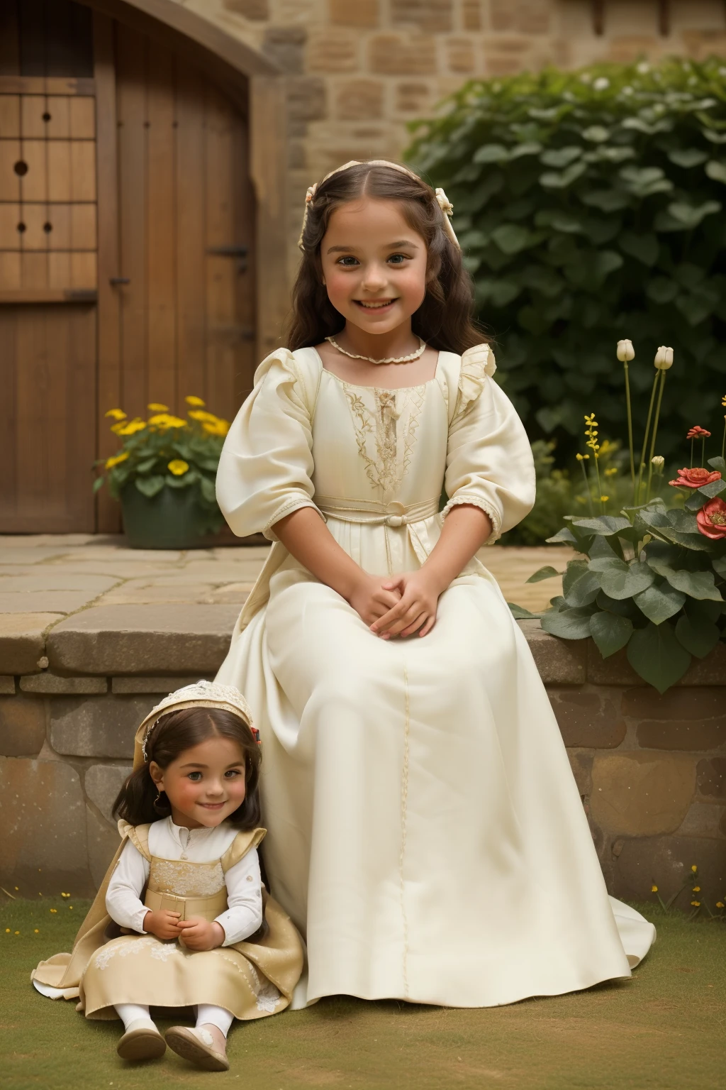 England, 1350. A little ((((5-year-old)) Lolla)), tan, pretty, athletic, playing with a doll, at her house garden, ((happy expression)). ((((clothings from the 1350s, gown dress)))), ((dark hairstyle of the 1350s))