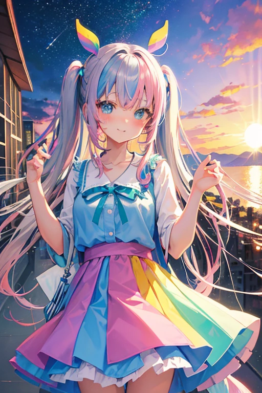 (rainbow colored hair, colorful hair, half silver、half pink hair: 1.2), ,long hair、(Cinematic digital artwork: 1.3), high quality, table top, Turquoise eyes、最high qualityの, Super detailed, figure, [4K digital art]!!、 Kyoto animation style, one woman, clavicleの美しさ, clavicle, light, want, blue sky, positive, Dead leaves dance、full moon、purple striped clothes、Green polka dot unset, motivation, shine, dynamic perspective、Blue glasses、Green ribbon、twin tails、embarrassed face、cute face、happy face