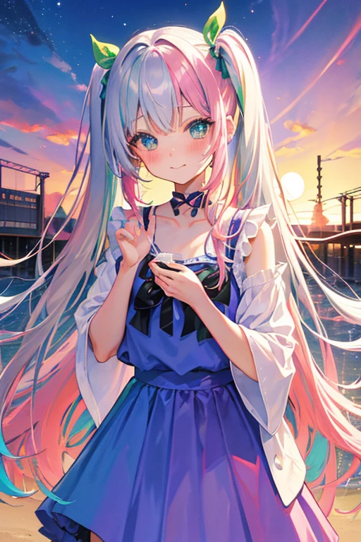 (rainbow colored hair, colorful hair, half silver、half pink hair: 1.2), ,long hair、(Cinematic digital artwork: 1.3), high quality, table top, Turquoise eyes、最high qualityの, Super detailed, figure, [4K digital art]!!、 Kyoto animation style, one woman, clavicleの美しさ, clavicle, light, want, blue sky, positive, Dead leaves dance、full moon、purple striped clothes、Green polka dot unset, motivation, shine, dynamic perspective、Blue glasses、Green ribbon、twin tails、embarrassed face、cute face、happy face