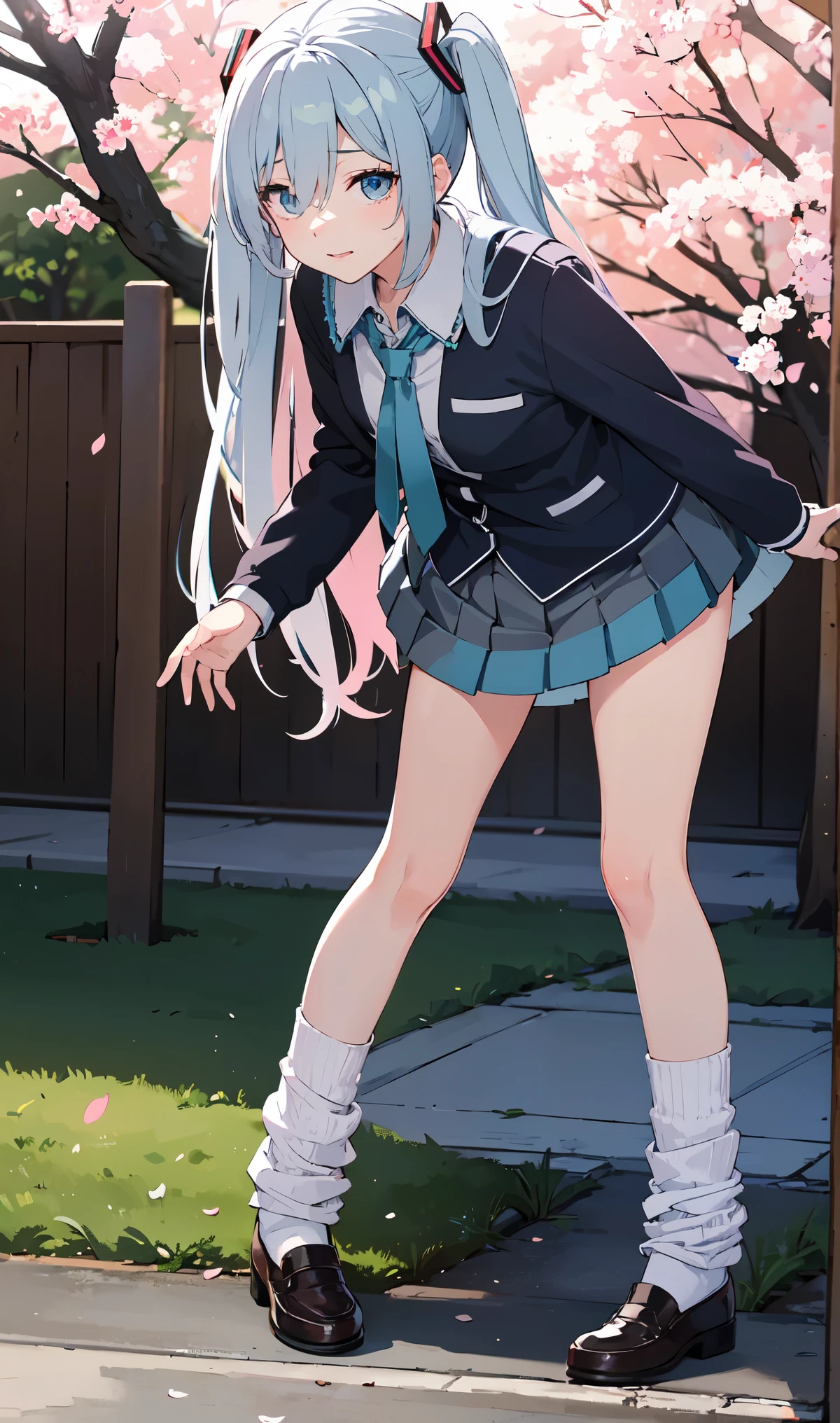 Hatsune Miku、hair over one eye, asymmetric bangs,Standing picture、loose socks、Cherry tree、cherry blossom petals、Sakura dancing、Hatsune Miku、Gradient Color Hair、tie hair、colorful hair、cross-eyed、messy hair、blunt bang cut、pleated skirt、black shirt、striped hair、messy hair、Sloppy、cross-eyed、drunk、( fool / sexual ecstasy)、highest quality, realistic, Super delicate illustration, beautiful and attractive anime girl, slender body, tied hair, one girl, girl pictures, full body shot, beautiful blue eyes,