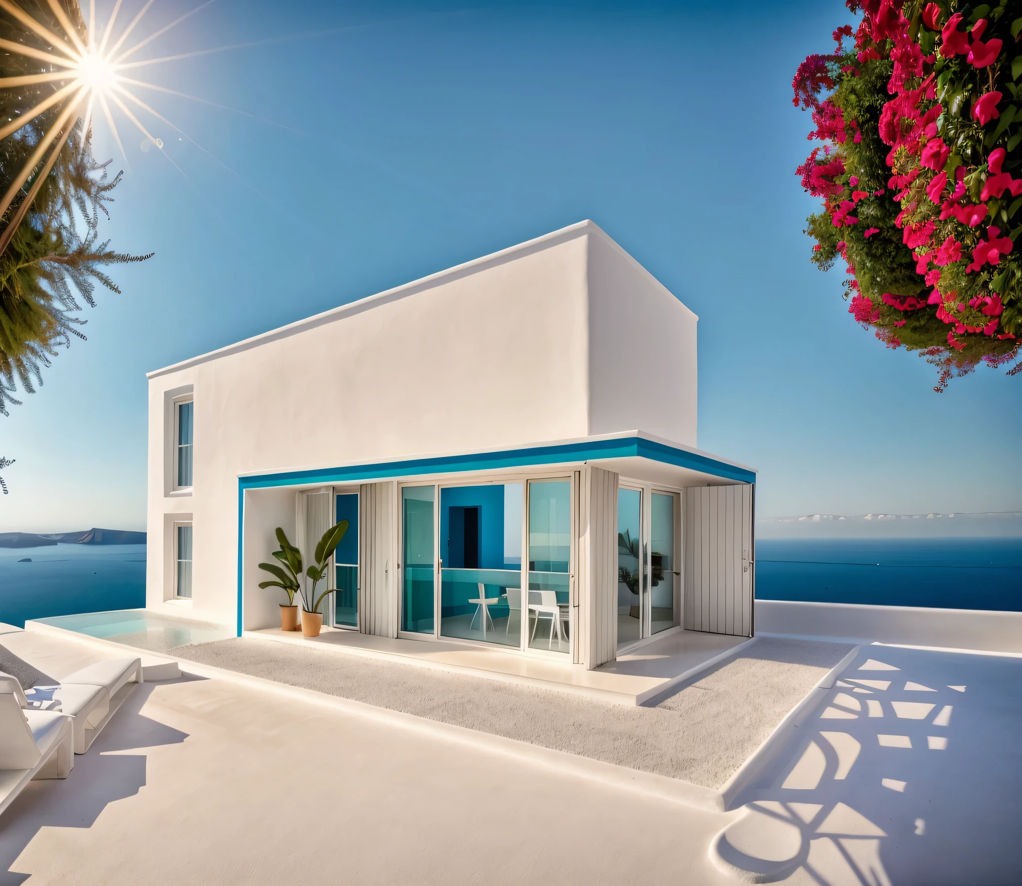 (1 santorini style house, The town house is made from white walls and some walls are painted bright blue)), beautyful light, beautyfulday, sunny, Many red bougainvilleas along the road:1.3, lovely youthful feeling :1.2, sunlight at 12 noon, Very beautiful shadows