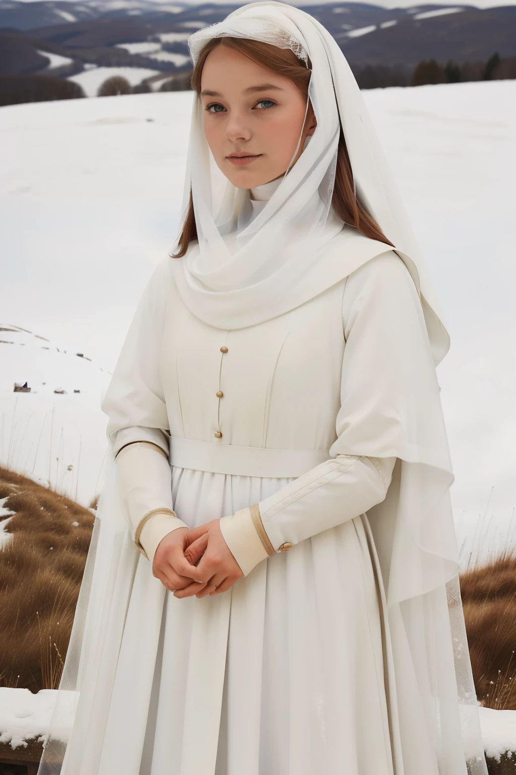 England, 1351. ((((34-year-old)) Caris Wooler)), attractive, expressive eyes, standing in a snowy hill, ((content and hope expression)). ((((clothings from the 1350s, white uniform and veil)))), ((light chestnut hairstyle of the 1350s))