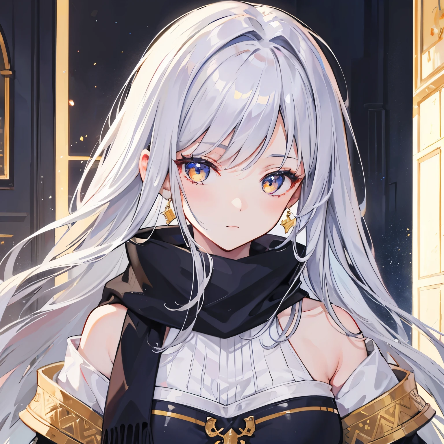 girl, silver hair, golden eyes, long dress, medieval,Middle Ages, off-the-shoulder, military uniform, neck scarf, illustrations, high-res, ultra-detailed, realistic, vivid colors, portraits, warm color tones, soft lighting